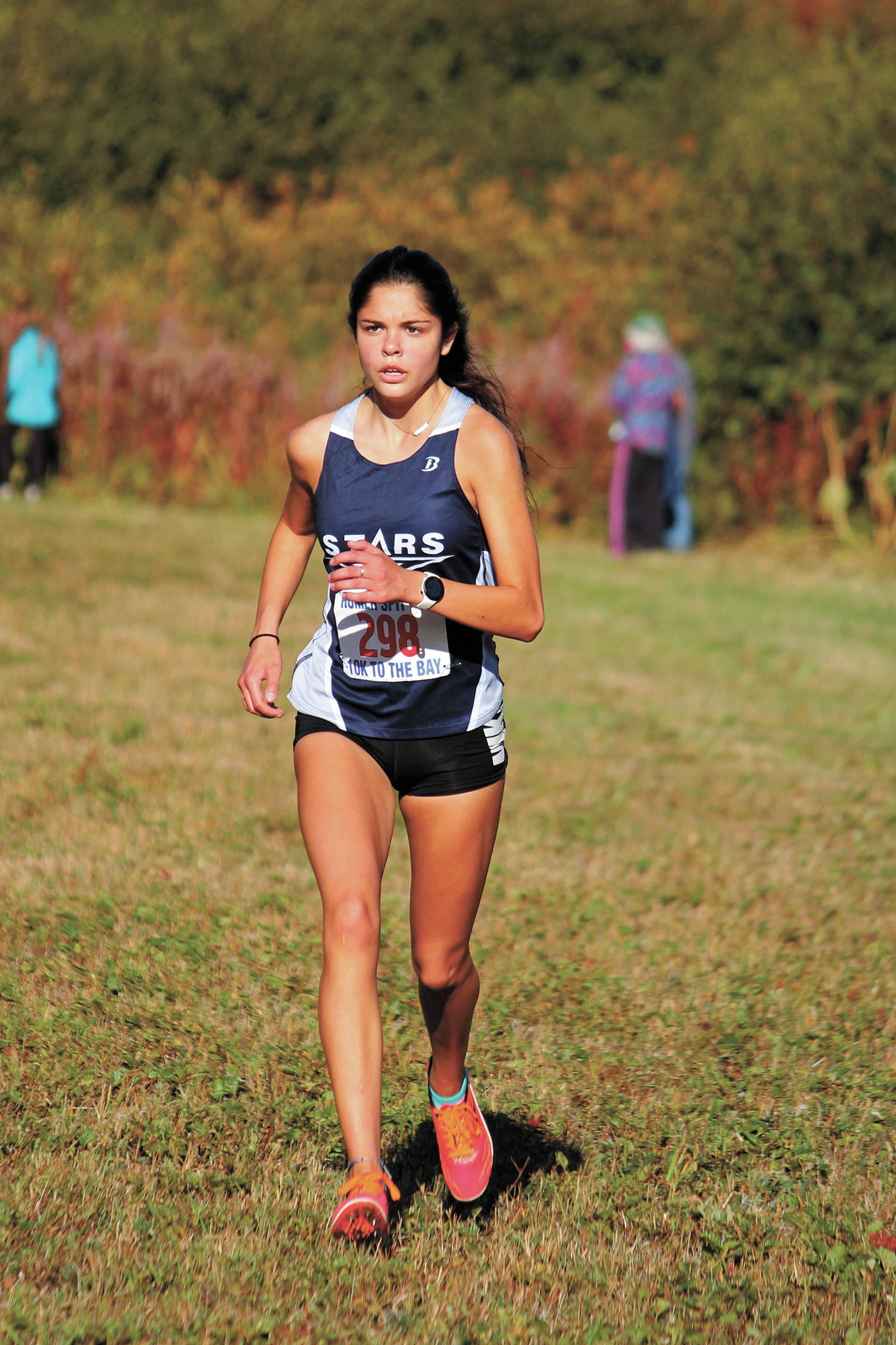 Soldotna’s Erika Arthur runs to second place in the varsity girls’ 5 kilometer race Friday, Sept. 11, 2020 at the Lookout Mountain Trails near Homer, Alaska. (Photo by Megan Pacer/Homer News)