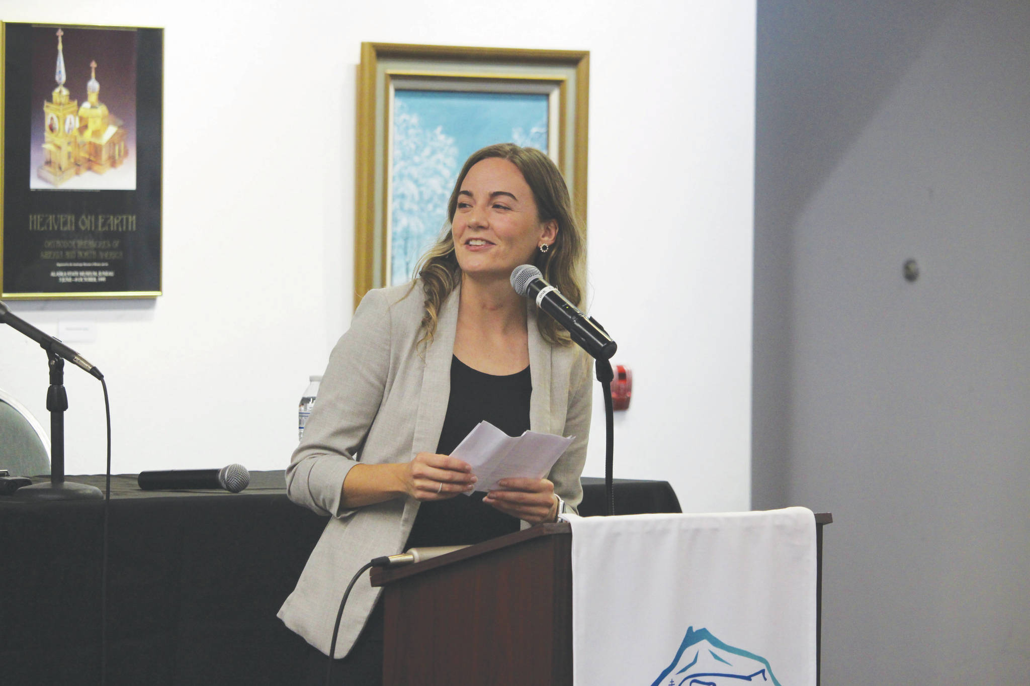 Brittany Brown, the new executive director of the Kenai Chamber of Commerce, speaks to chamber members during a Wednesday luncheon at the Kenai Visitor and Cultural Center on Wednesday, Sept. 9, 2020. (Photo by Brian Mazurek/Peninsula Clarion)