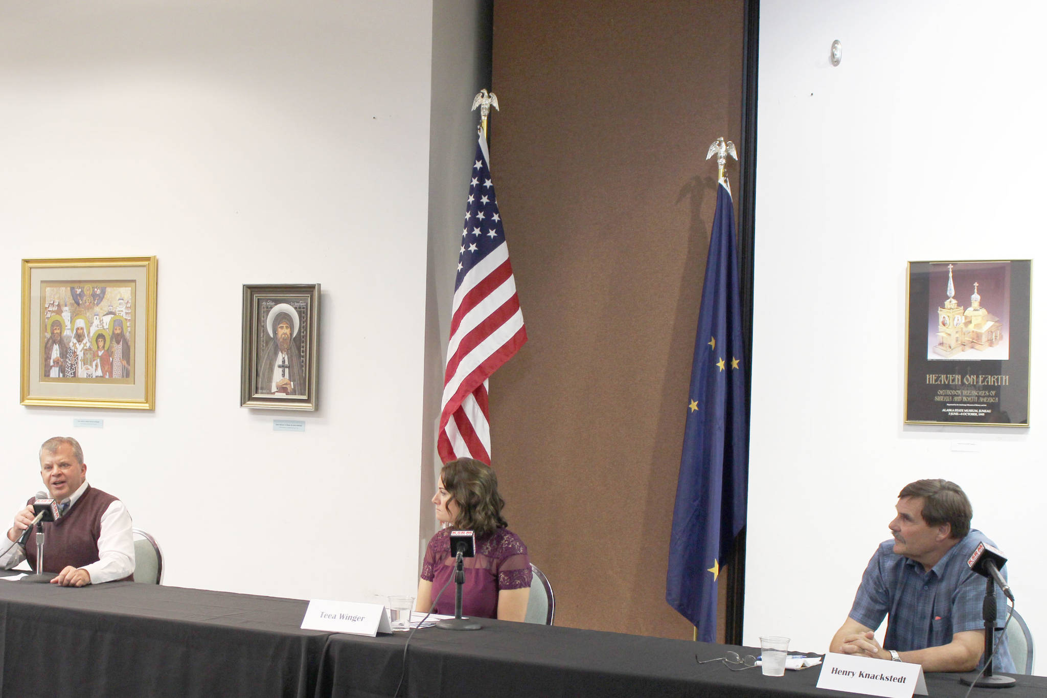From left, Kenai City Council candidates Tim Navarre, Teea Winger and Henry Knackstedt participate in a candidate forum with the Kenai Chamber of Commerce at the Kenai Visitor and Cultural Center on Sept. 16, 2020. (Photo by Brian Mazurek/Peninsula Clarion)
