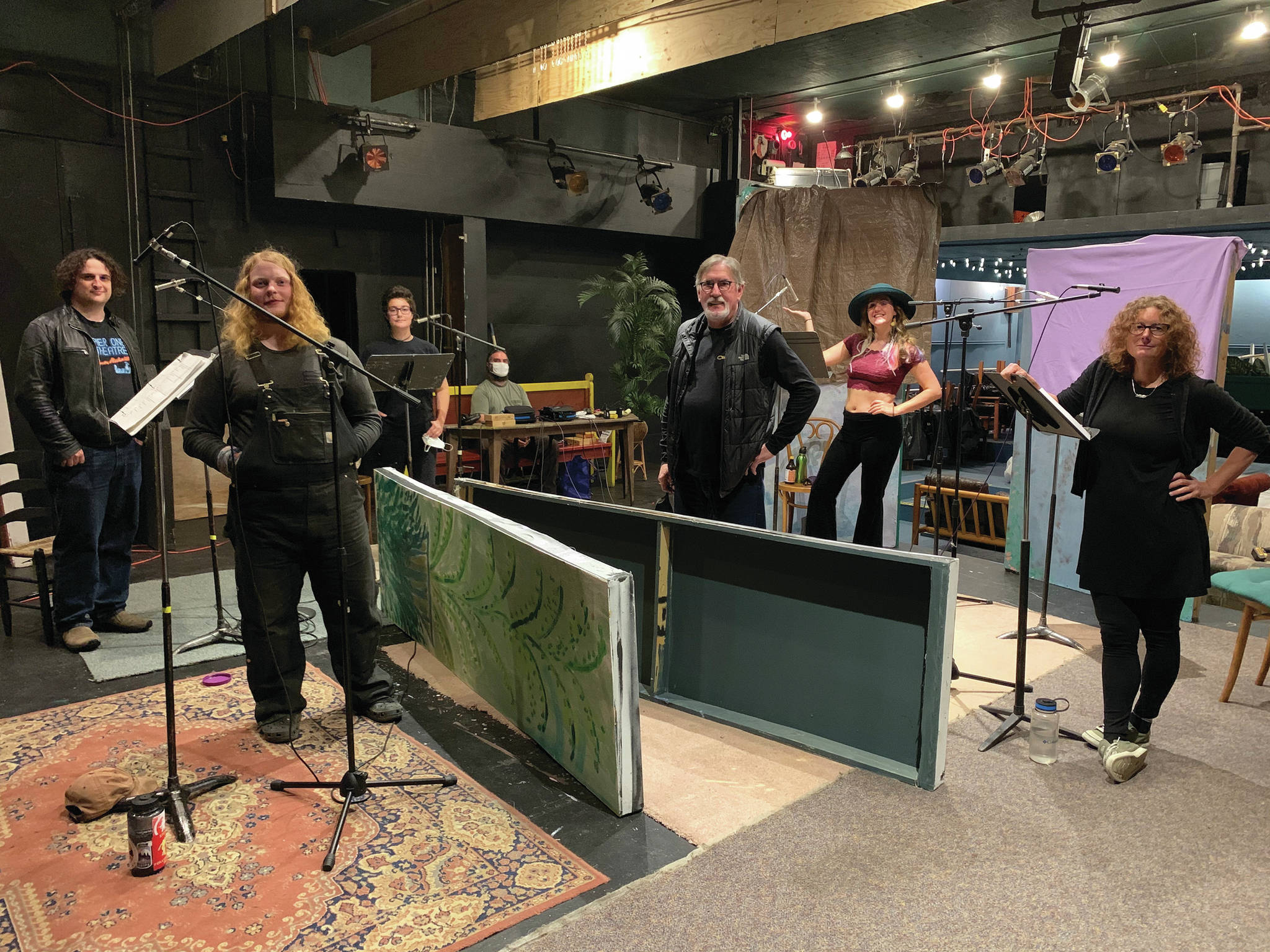 The cast and crew of “Knife Skills” poses for a photo at Pier One Theatre during a recording session in August in Homer, Alaska. From left to right are Peter Sheppard, Theodore Castellani, Chloë Pleznac, Joshua Krohn (sitting, at sound board), Darrel Oliver, Helen-Thea Marcus and Ingrid Harrald. (Photo courtesy of Lindsey Schneider)