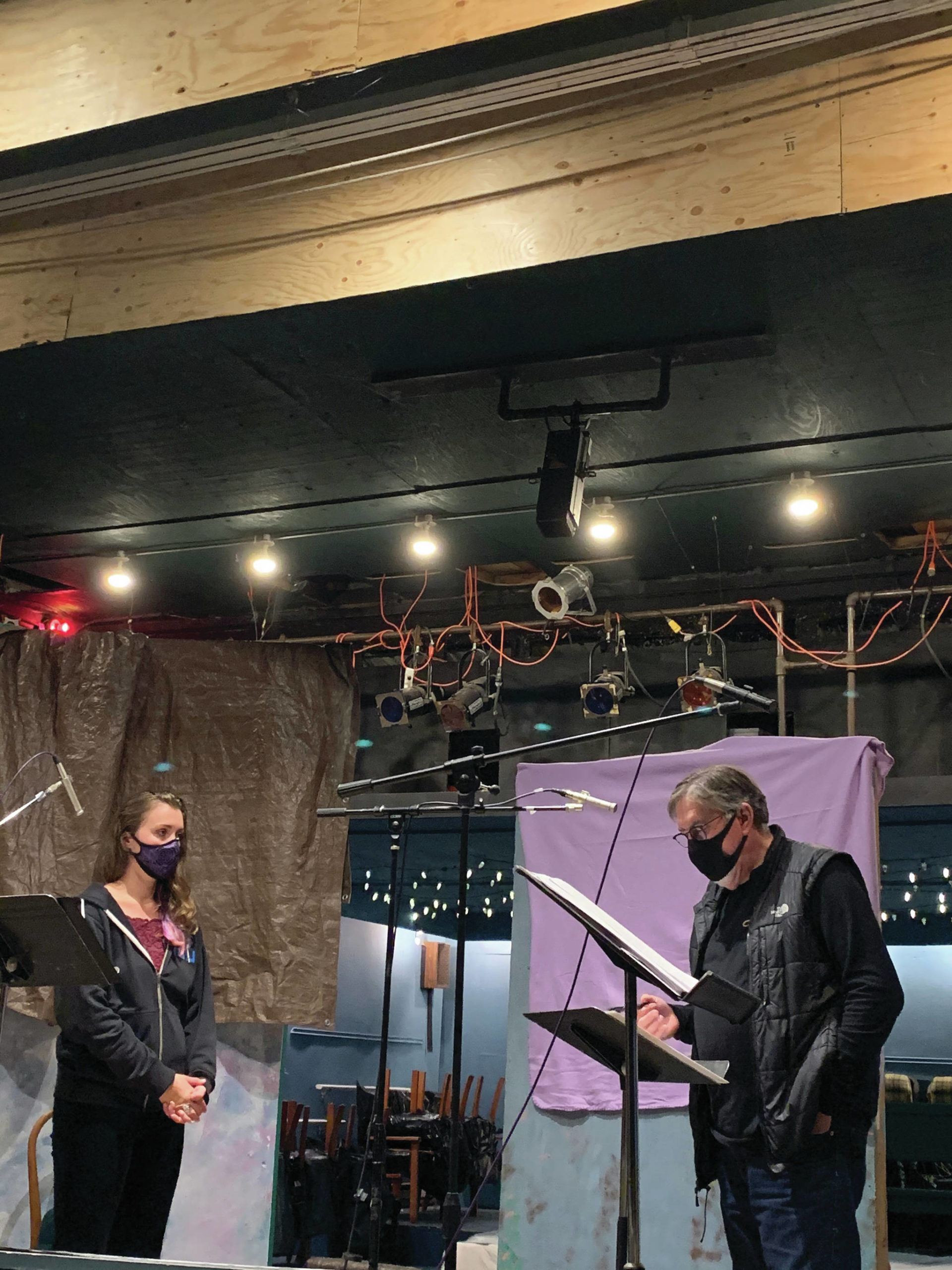 Darrell Oliver, right, and Helen-Thea Marcus, left, record “Knife Skills” at Pier One Theatre during a recording session in August in Homer, Alaska. (Photo courtesy of Lindsey Schneider)