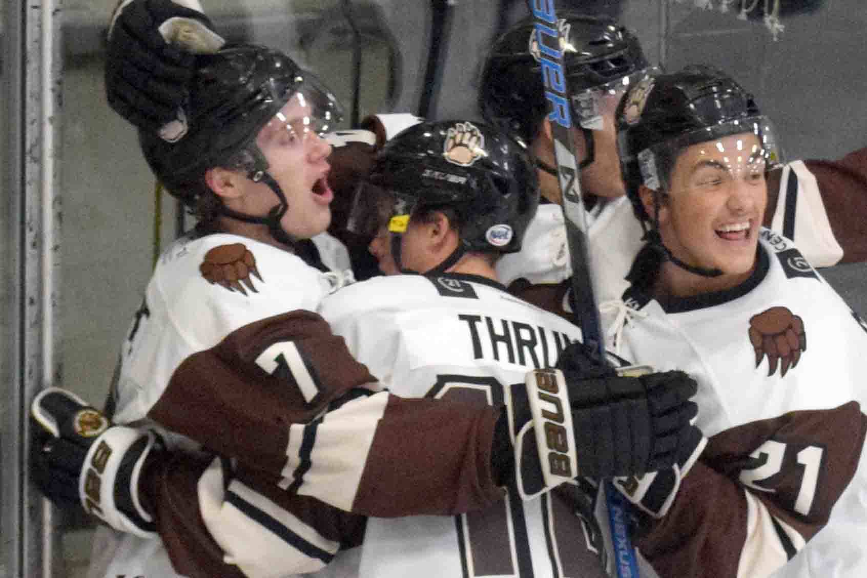 The Kenai River Brown Bears celebrate the first-period goal of Logan Ritchie (far left) on Thursday, Nov. 21, 2019, at the Soldotna Regional Sports Complex in Soldotna, Alaska. (Photo by Jeff Helminiak/Peninsula Clarion)