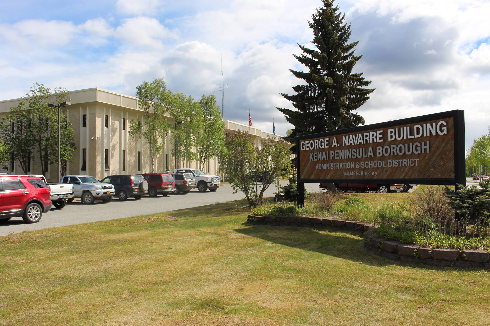 The entrance to the Kenai Peninsula Borough building in Soldotna is seen on June 1, 2020. (Photo by Brian Mazurek/Peninsula Clarion)