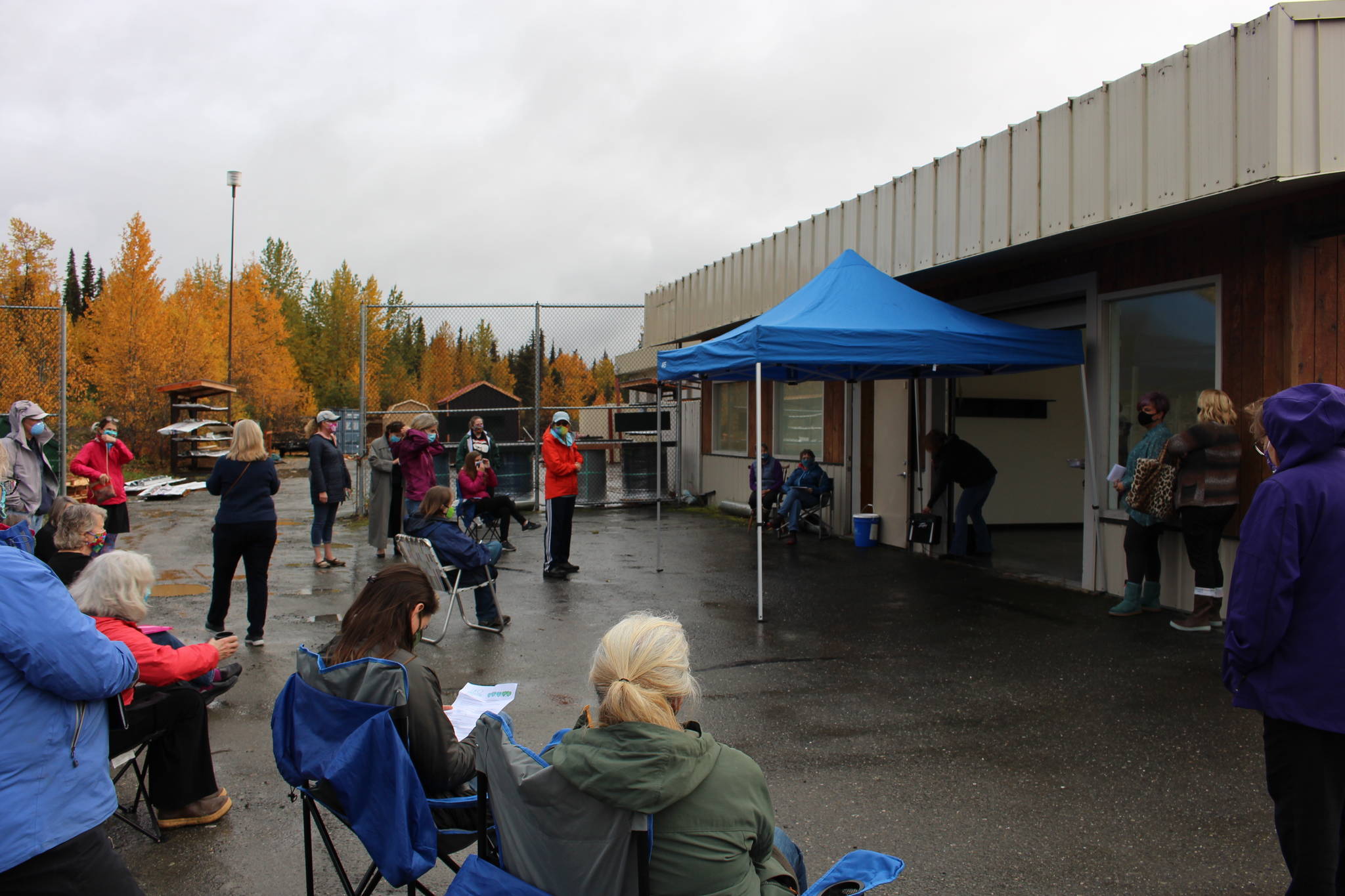 Members of the Soldotna 100+ Women Who Care Group deliberate on which charity or nonprofit will receive their donations this quarter at BuildUP in Sterling, Alaska on Sept. 24, 2020. (Photo by Brian Mazurek)