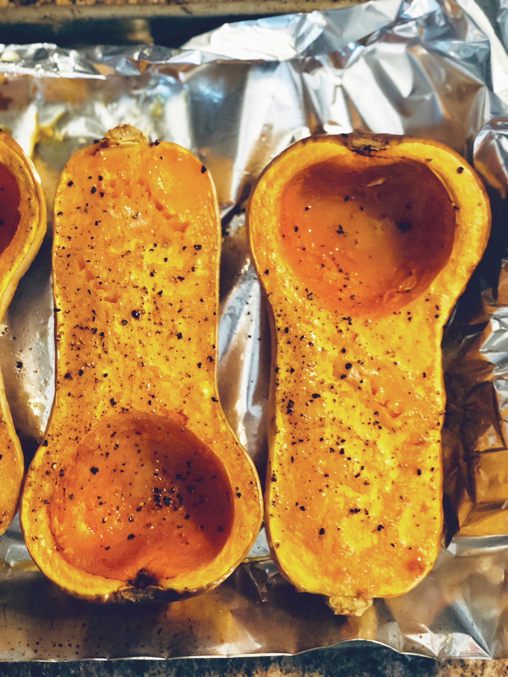 Victoria Petersen Butternut squash is cut in half, drizzled with olive oil, seasoned with salt and pepper and roasted in a hot oven til its soft.