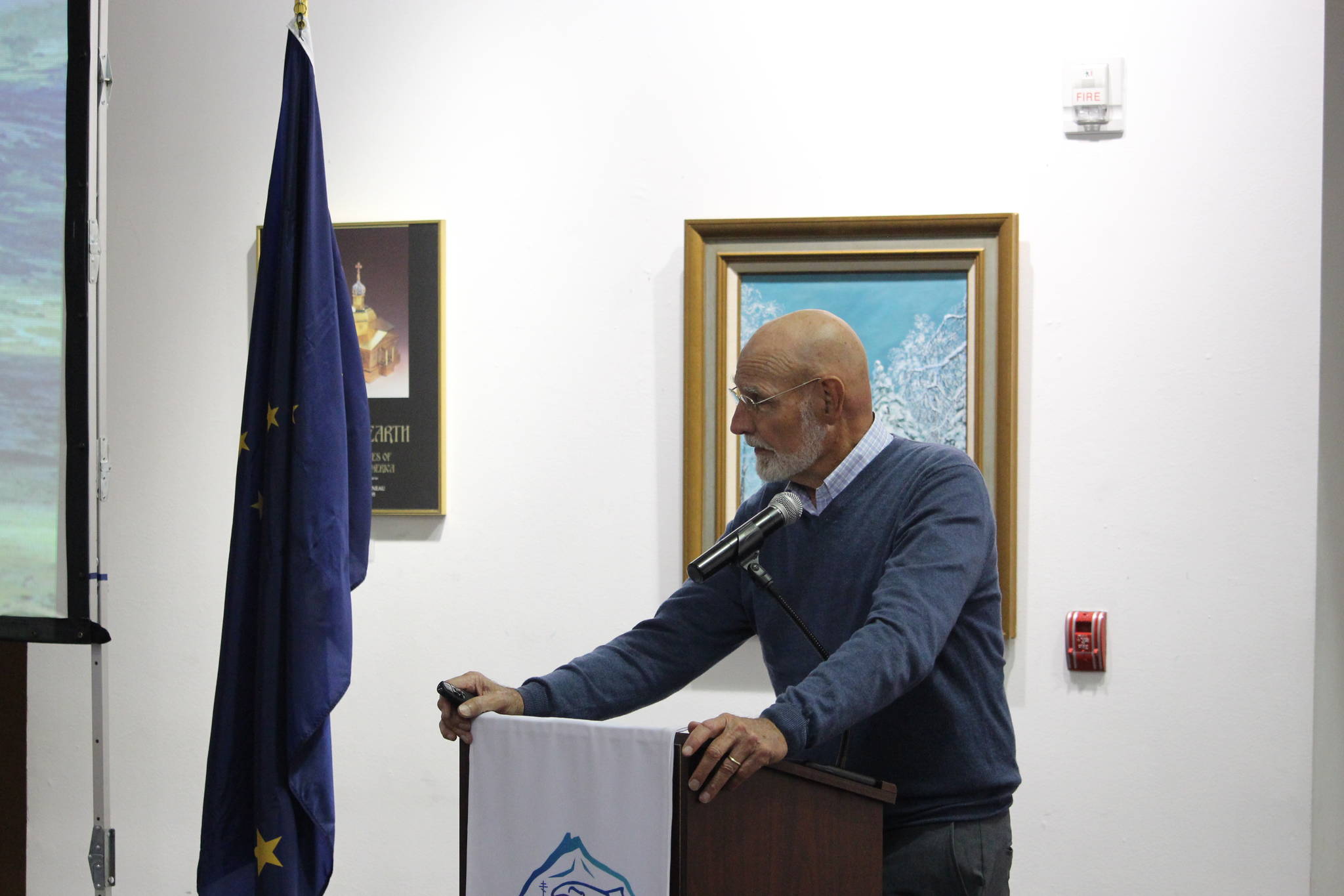 Mark Hamilton, vice president of external affairs for the Pebble Limited Partnership, speaks to members of the Kenai and Soldotna Chambers of Commerce about the future of the Pebble Mine Project at the Kenai Visitor and Cultural Center in Kenai, Alaska on Sept. 30, 2020. (Photo by Brian Mazurek/Peninsula Clarion)