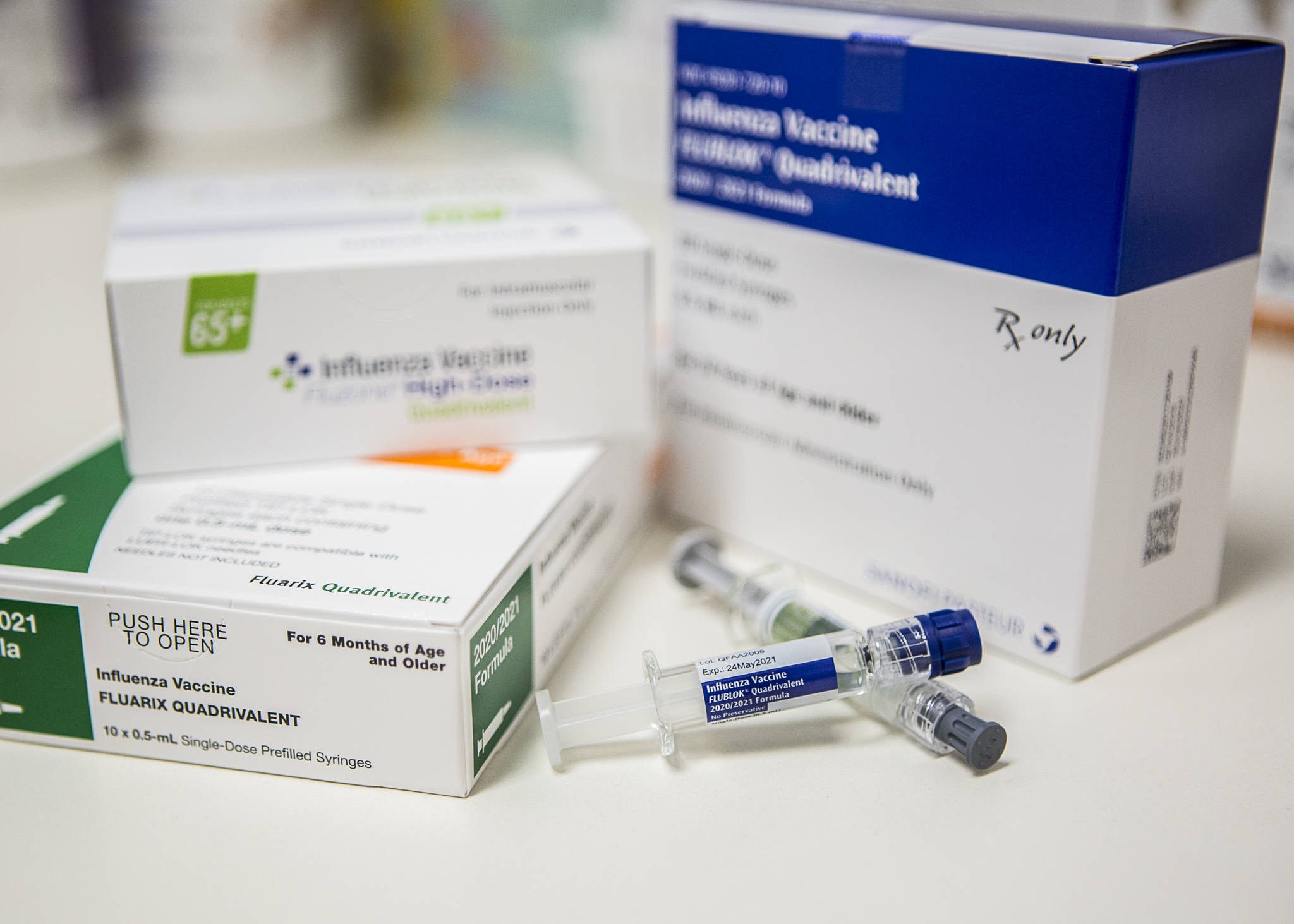 A handful of flu shot options available at the QFC Pharmacy on Wednesday, Sept. 9, 2020 in Everett, Wa. (Olivia Vanni / The Herald)