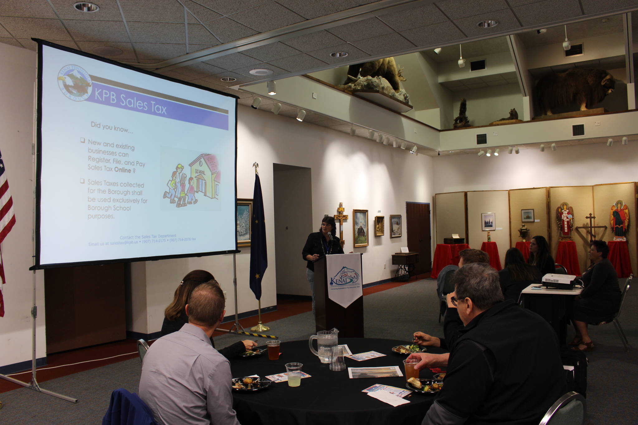 Laurie Lingafeld, Sales Tax Supervisor for the Kenai Peninsula Borough, gives a presentation on filing sales tax online during the Kenai and Soldotna Chambers of Commerce Joint Luncheon at the Kenai Visitor and Cultural Center in Kenai, Alaska, on Wednesday, Oct. 7, 2020. (Photo by Brian Mazurek/Peninsula Clarion)