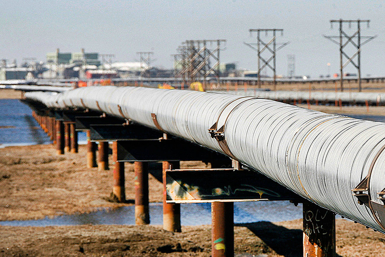 In this 2007 file photo, an oil transit pipeline runs across the tundra to flow station at the Prudhoe Bay oil field on Alaska’s North Slope. (AP Photo/Al Grillo, File)