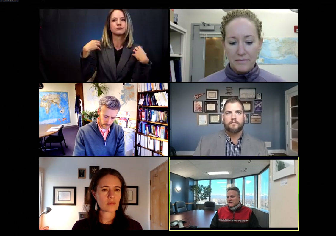 Screenshot by Brian Mazurek / Peninsula Clarion
Gov. Mike Dunleavy, bottom right, participates in a press conference via Zoom videoconferencing along with members of his public health team on Wednesday. Top left: Jamie Hartung, interpreter; top right: Heidi Hedburg, director of Public Health; center left: Dr. Joe McLaughlin, chief of the Alaska Section of Epidemiology; center right: Adam Crum, commissioner of the Alaska Department of Health and Social Services; bottom left: Dr. Anne Zink, chief medical officer; bottom right: Gov. Mike Dunleavy.