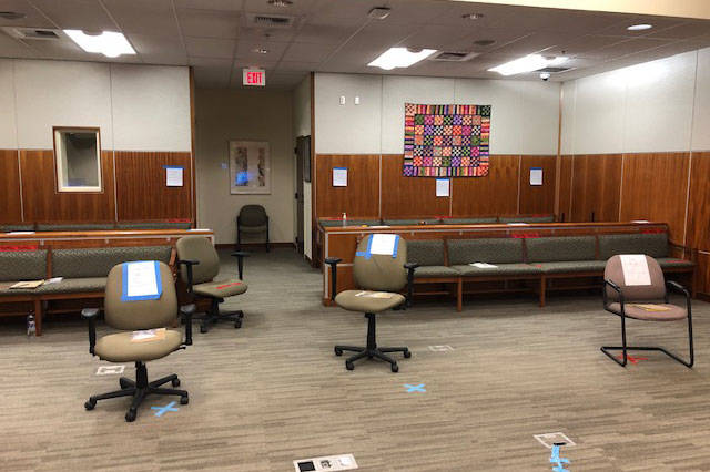 Social distancing measures to address the coronavirus pandemic, such as marked spots for jurors, are photographed inside a courtroom at the Kenai Courthouse in this October 2020 photo. (Photo courtesy Judge Jennifer Wells)