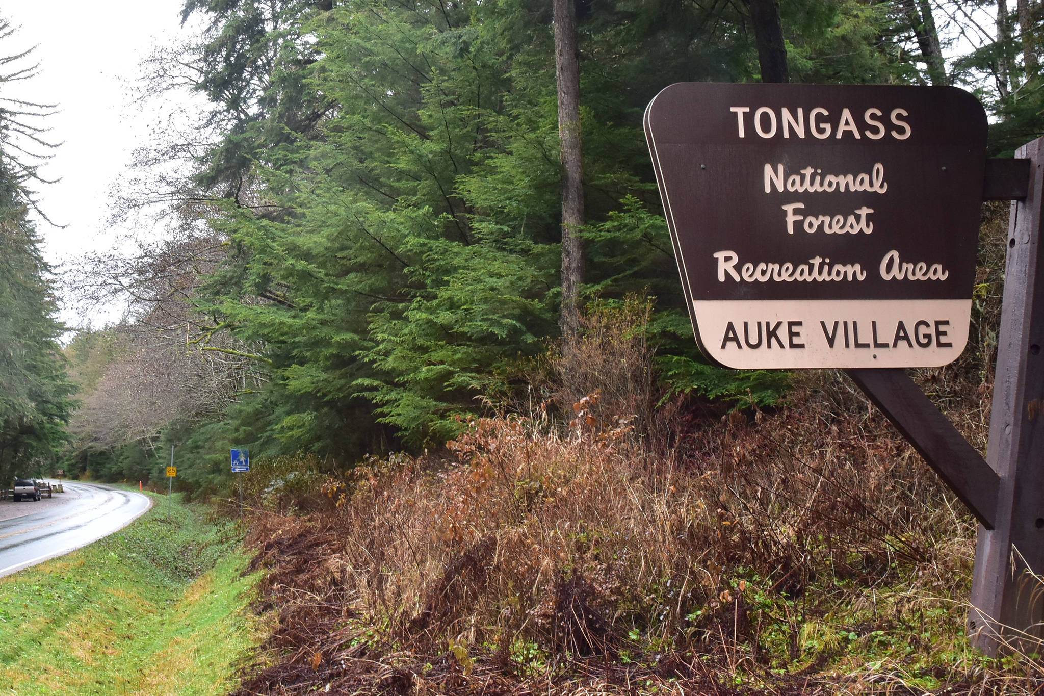 A Tongass National Forest sign stands near the Auke Village Recreation Area. On Wednesday, the United States Department of Agriculture announced its decision to exempt the nation’s largest national forest from the Roadless Rule. Proponents say the rule change will make it easier for responsible resource development while critics say it removes essential protections on critical environments. (Peter Segall / Juneau Empire)