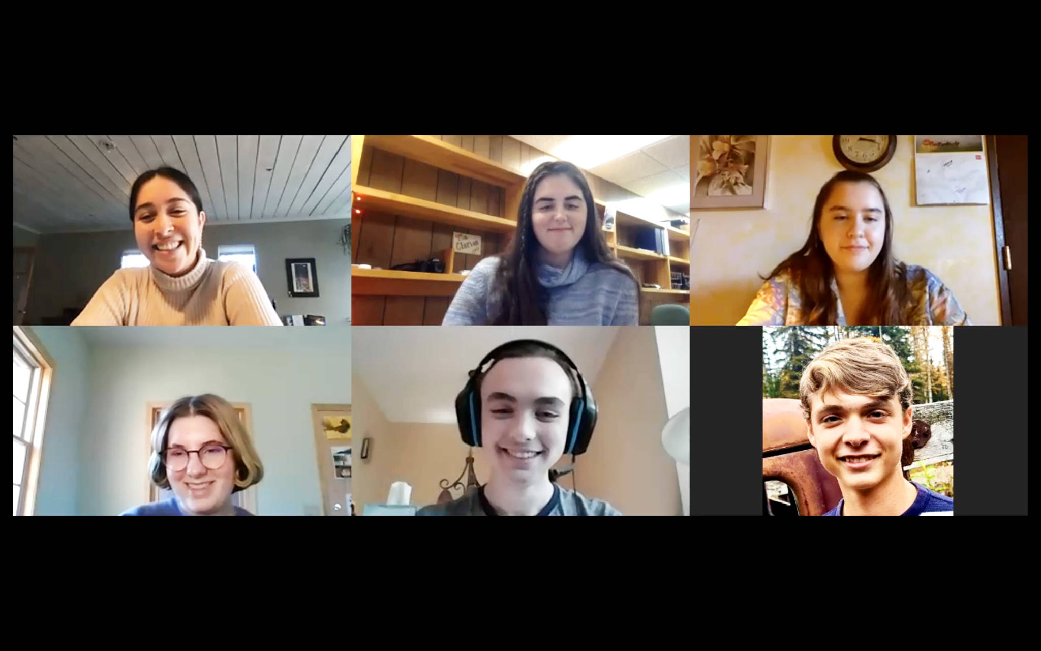 Participants in a roundtable discussion hosted via Zoom are seen in a screenshot from the interview, which was conducted on Friday, Oct. 30, 2020 from Kenai, Alaska. Clockwise from top left: Selma Casagranda, Ashlyn O’Hara, Tegan Retzer, Quinn Cox, Kaegan Koski and Olivia Davis.