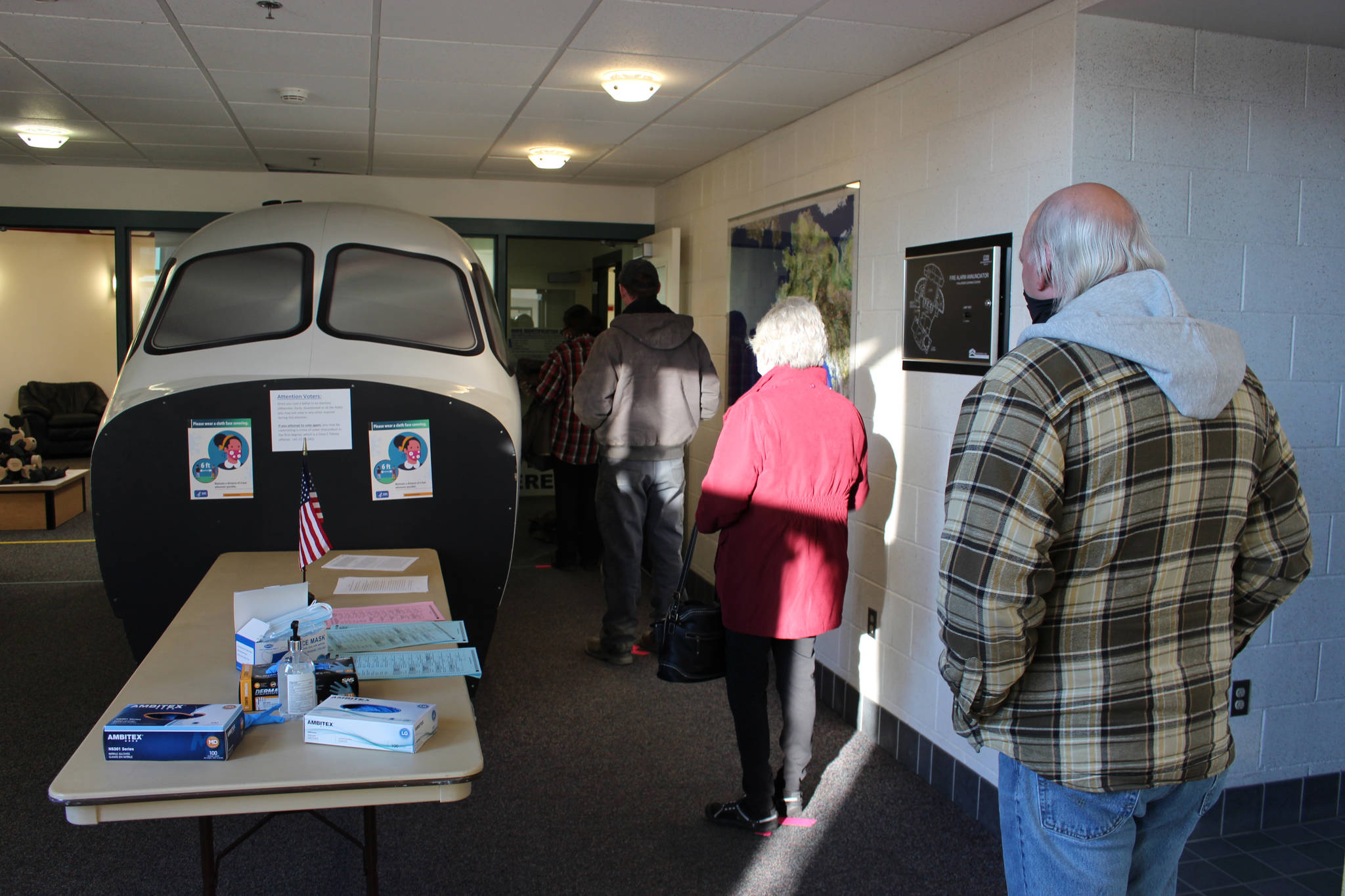 Kenai Peninsula voters wait in line to vote at the Challenger Learning Center in Kenai, Alaska on Nov. 3, 2020. (Photo by Brian Mazurek/Peninsula Clarion)