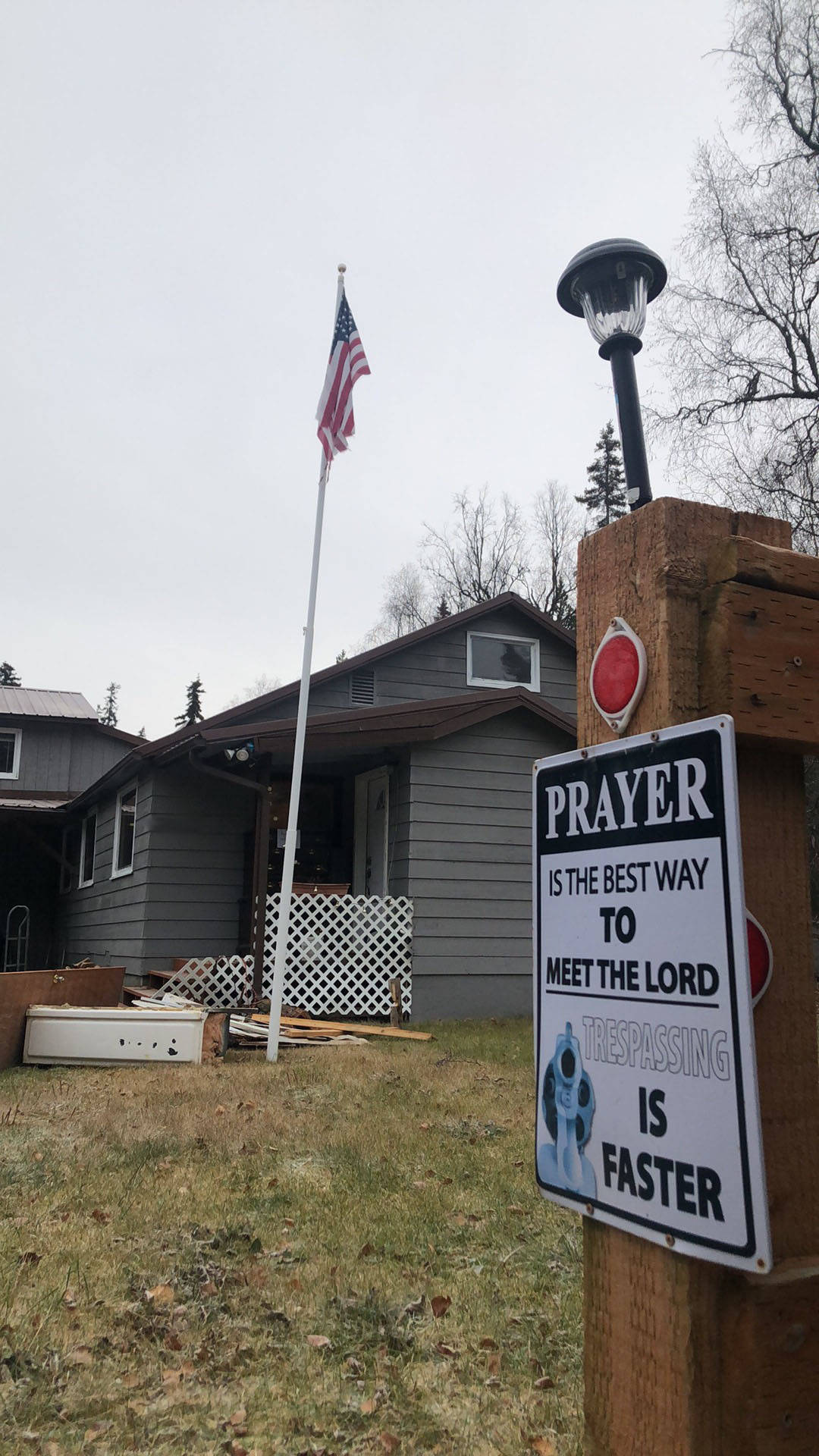 A word of warning to any potential trespassers can be seen outside our new home in Kasilof, Alaska, on Nov. 5, 2020. The sign came with the house, but we’re probably going to keep it. (Photo courtesy Lizzie Byrne)