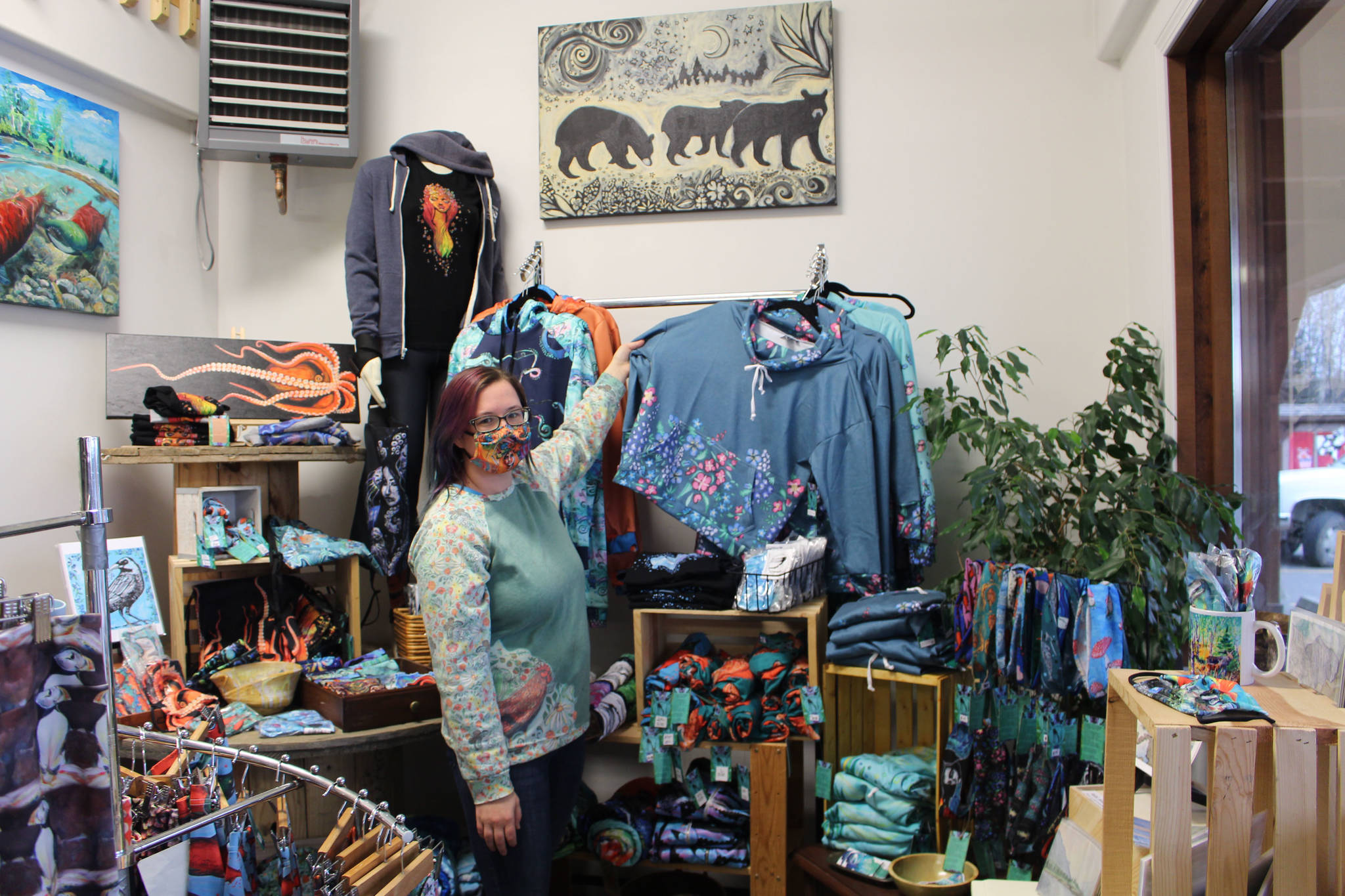Amy Kruse, owner of Love From Alaska, shows off some of her wares inside Cook Inletkeeper’s Community Action Studio in Soldotna, Alaska, on Thursday, Nov. 5, 2020. (Photo by Brian Mazurek/Peninsula Clarion)