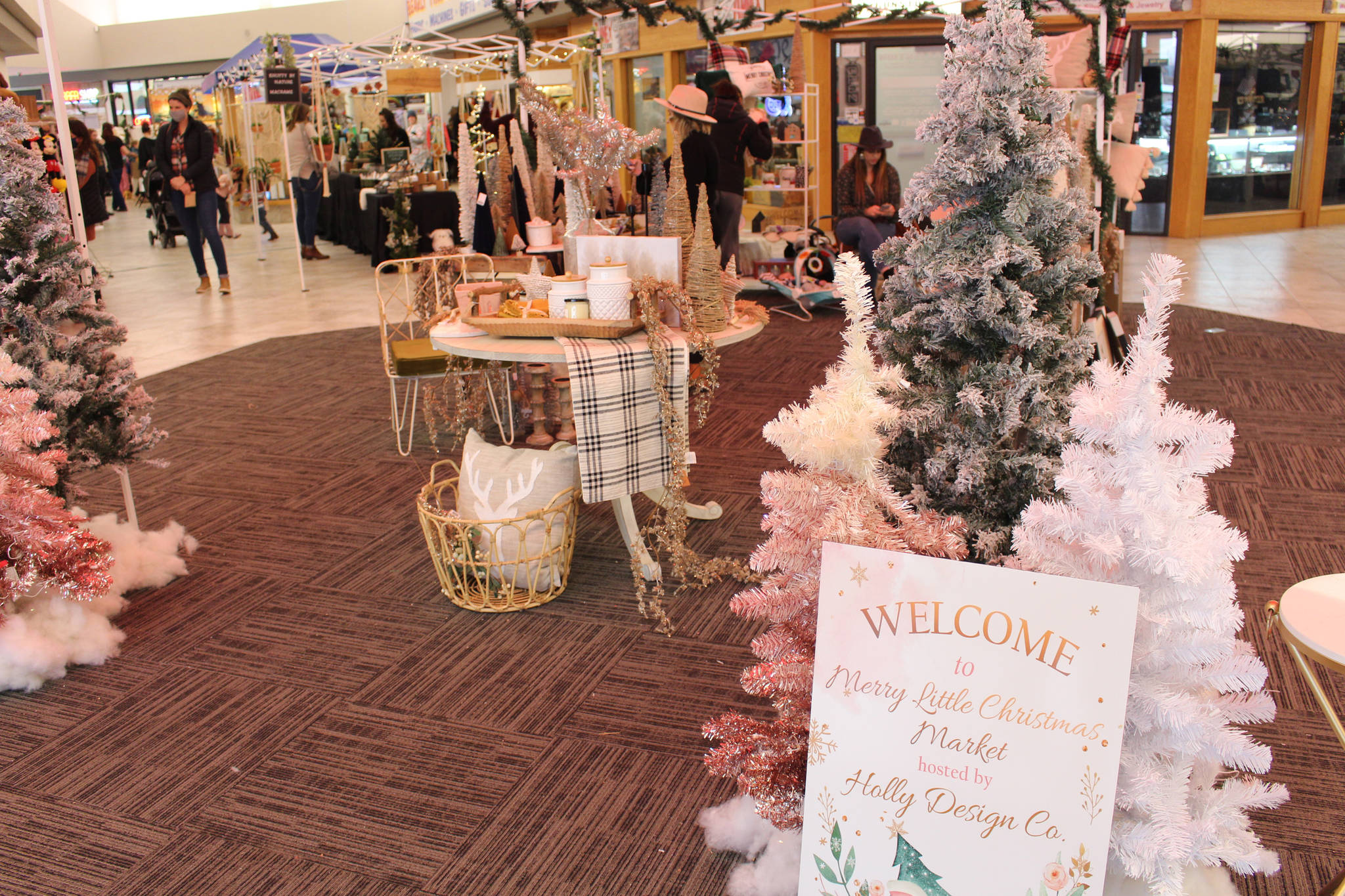 A sign welcoming people to the market can be seen here during the Merry Little Christmas Market at the Peninsula Center Mall in Soldotna, Alaska, on Nov. 7, 2020. (Photo by Brian Mazurek/Peninsula Clarion)