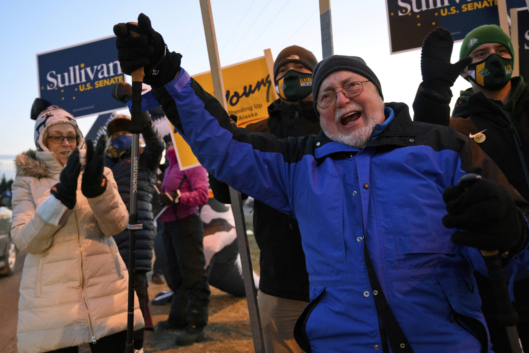 In this Nov. 3, 2020, file photo, Rep. Don Young, R-Alaska, gathers with supporters in Anchorage, Alaska. Young, the longest-serving Republican ever in the U.S. House, has won his 25th term. Young defeated Alyse Galvin in back-to-back elections for Alaska’s sole seat in the House. The race was called Wednesday, Nov. 11. (Marc Lester/Anchorage Daily News via AP, File)