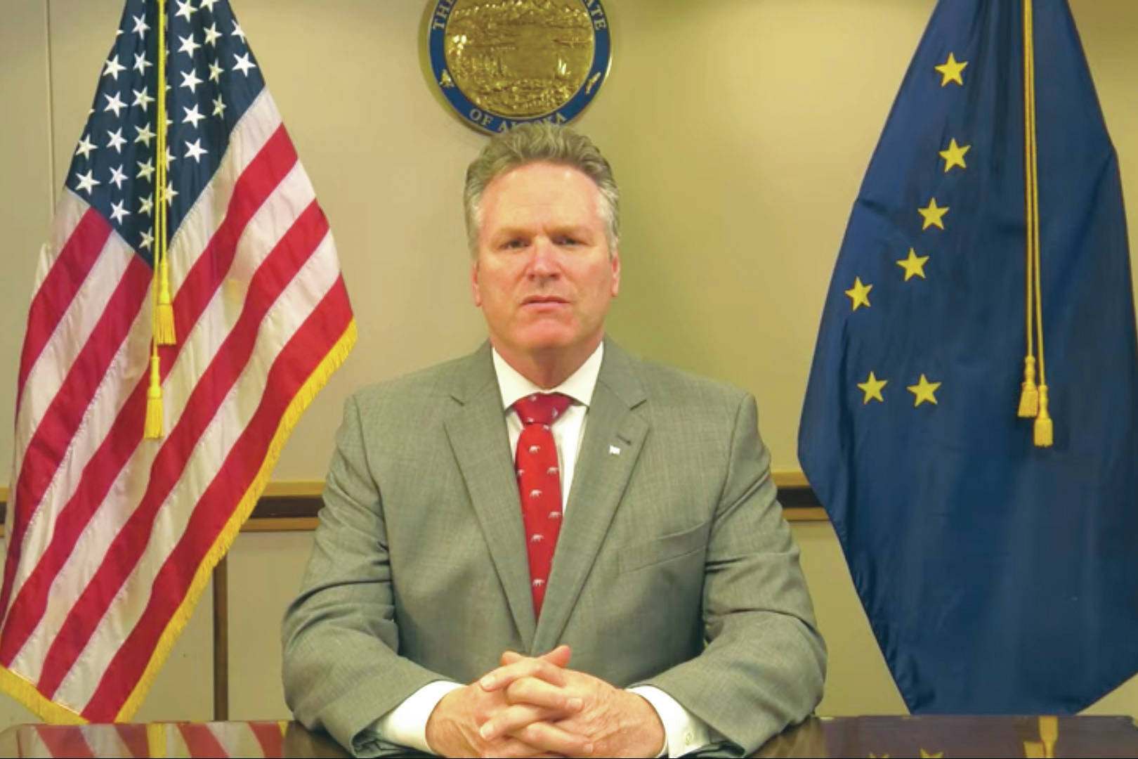 Alaska Governor Mike Dunleavy addresses the state remotely in response to growing COVID-19 case numbers on Thursday, Nov. 12 from Alaska. (Screenshot)