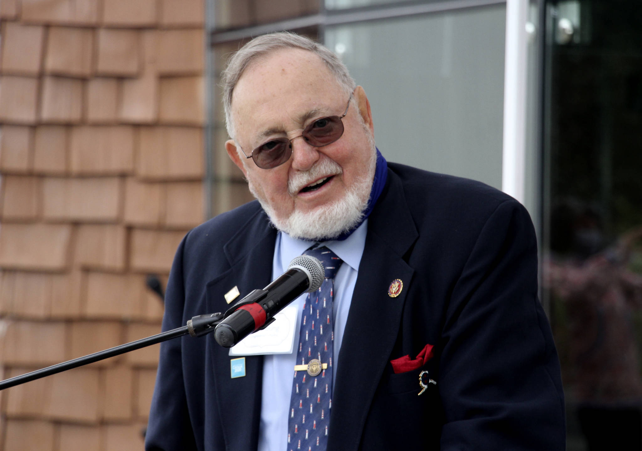 In this Aug. 26, 2020, photo, U.S. Rep. Don Young, an Alaska Republican, speaks during a ceremony in Anchorage, Alaska, celebrating the opening of a Lady Justice Task Force cold case office which will specialize in cases involving missing or murdered Indigenous women. Young announced Thursday, Nov. 12, 2020, on Twitter that he has tested positive for COVID-19. (AP Photo/Mark Thiessen)