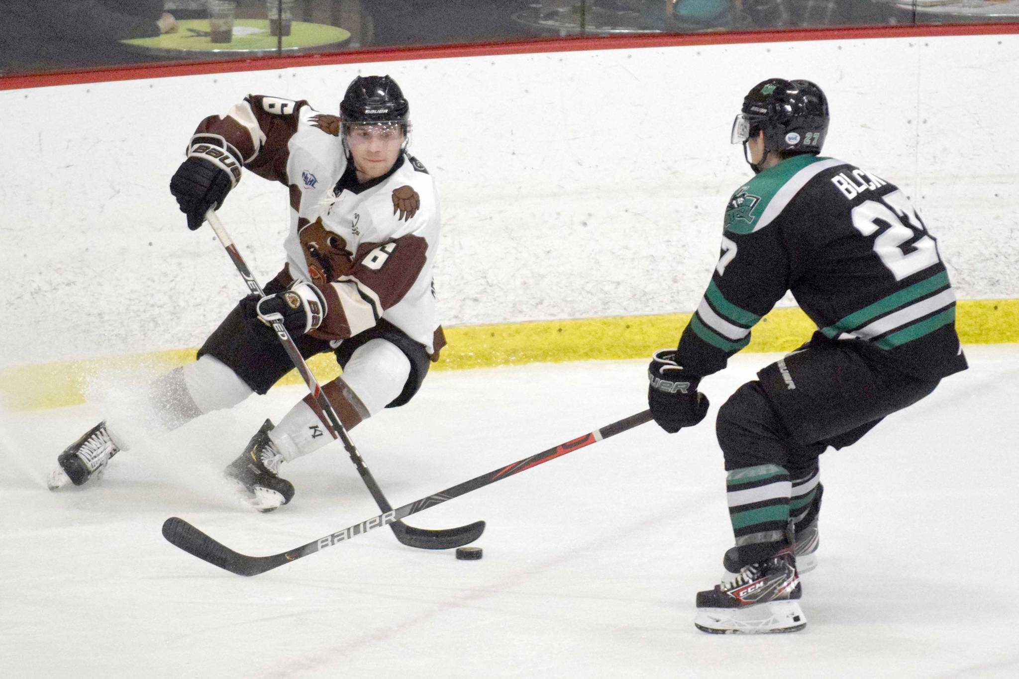 Kenai River Brown Bears forward Brandon Lajoie pulls up against the Chippewa (Wisconsin) Steel on Friday, Nov. 8, 2019, at the Soldotna Regional Sports Complex in Soldotna, Alaska. (Photo by Jeff Helminiak/Peninsula Clarion)