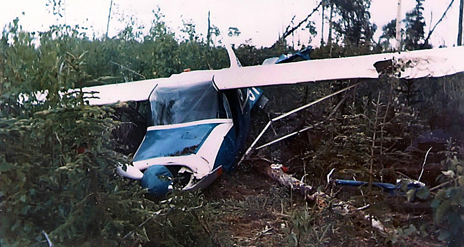 This is a four-place, single-engine Maule Rocket aircraft, owned by Soldotna’s Dr. Elmer Gaede, a day or two after it crashed into the brush and sparse trees near Forest Lane, between Soldotna and Sterling, on Aug. 2, 1967. (Photo courtesy of Lee Bowman)