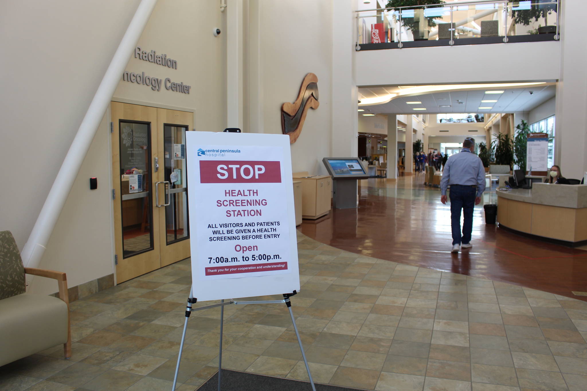 A sign instructing patients and visitors on the current screening process is seen here in the River Tower of Central Peninsula Hospital in Soldotna, Alaska on April 7, 2020. (Photo by Brian Mazurek/Peninsula Clarion)