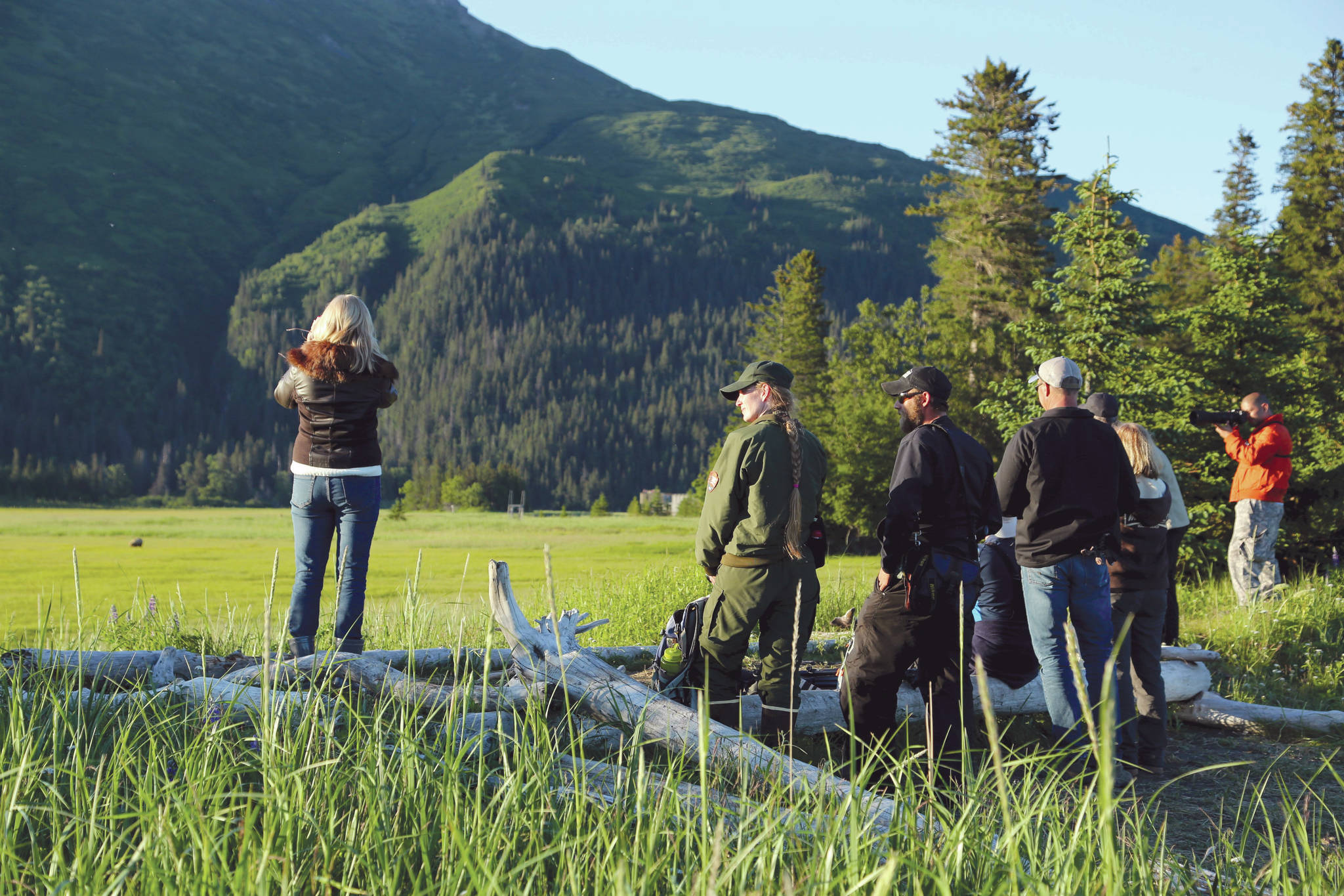Visitors enjoy bear viewing in the saltmarsh at Chinitna Bay, Lake Clark National Park. (Photo by J. Pfeiffenberger/NPS)