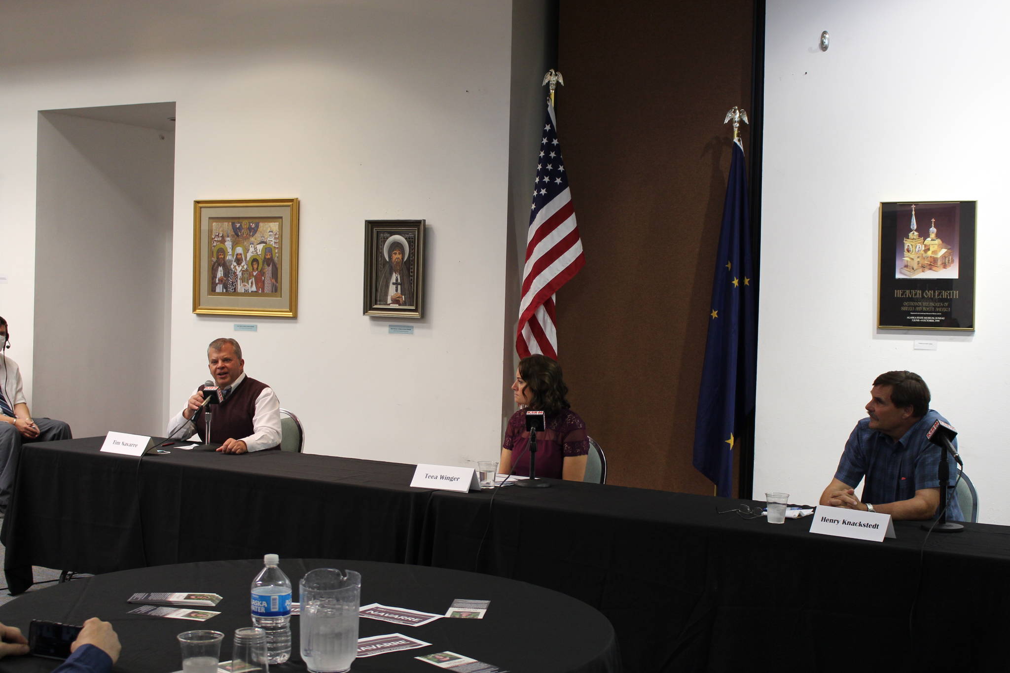 From left, Kenai City Council candidates Tim Navarre, Teea Winger and Henry Knackstedt participate in a candidate forum with the Kenai Chamber of Commerce at the Kenai Visitor and Cultural Center in Kenai, Alaska, on Sept. 16, 2020. (Photo by Brian Mazurek/Peninsula Clarion)