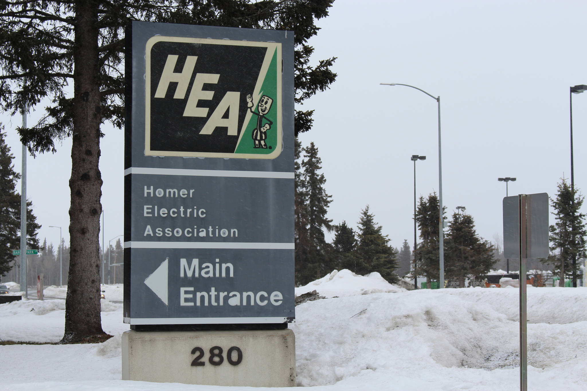 The sign in front of the Homer Electric Association building in Kenai, Alaska as seen on April 1, 2020. (Photo by Brian Mazurek/Peninsula Clarion)