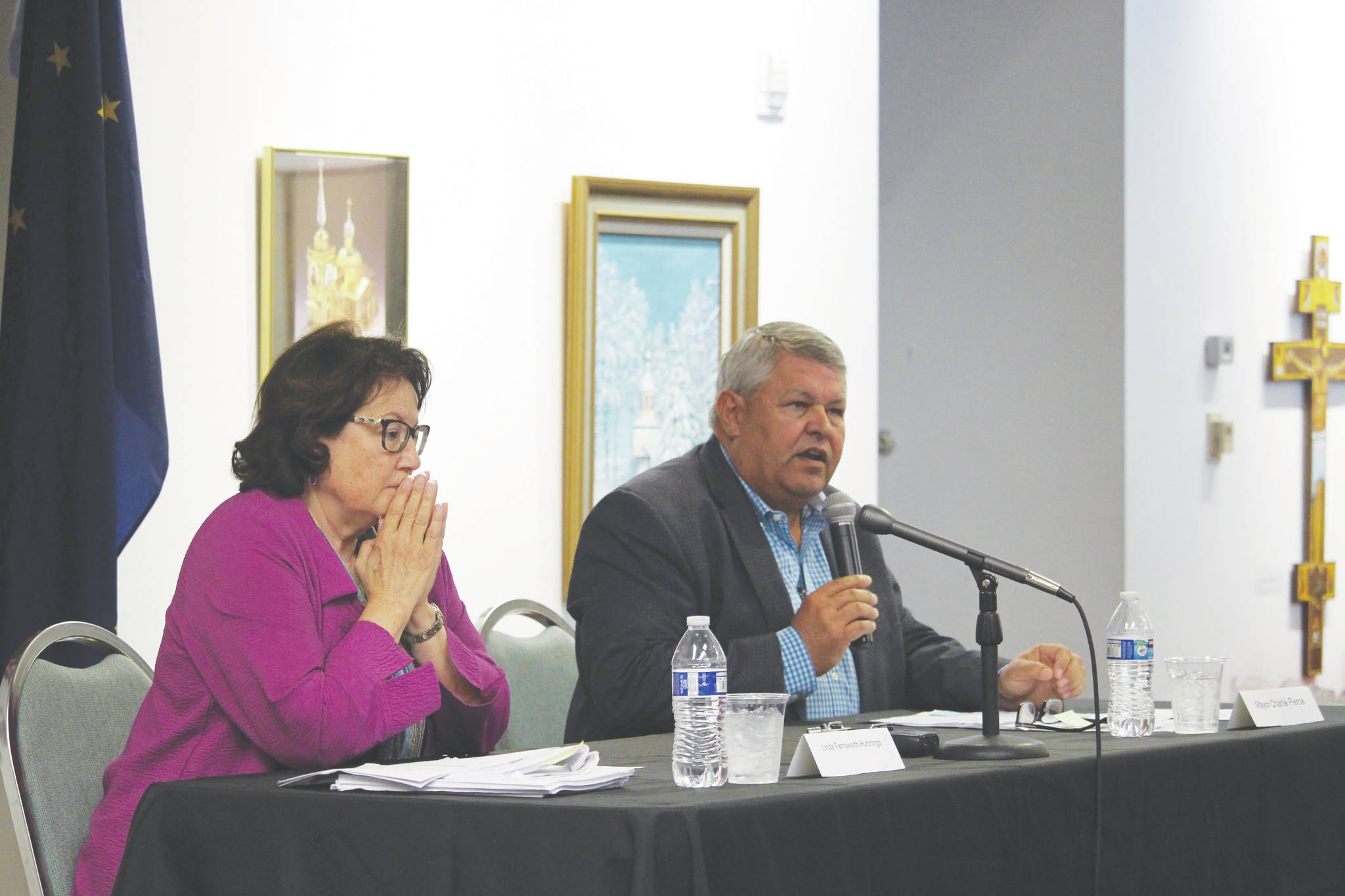 Linda Farnsworth Hutchings, left, and Kenai Peninsula Borough Mayor Charlie Pierce, right, participate in a mayoral candidate forum hosted by the Kenai Chamber of Commerce at the Kenai Visitor and Cultural Center on Sept. 9, 2020. (Photo by Brian Mazurek/Peninsula Clarion)