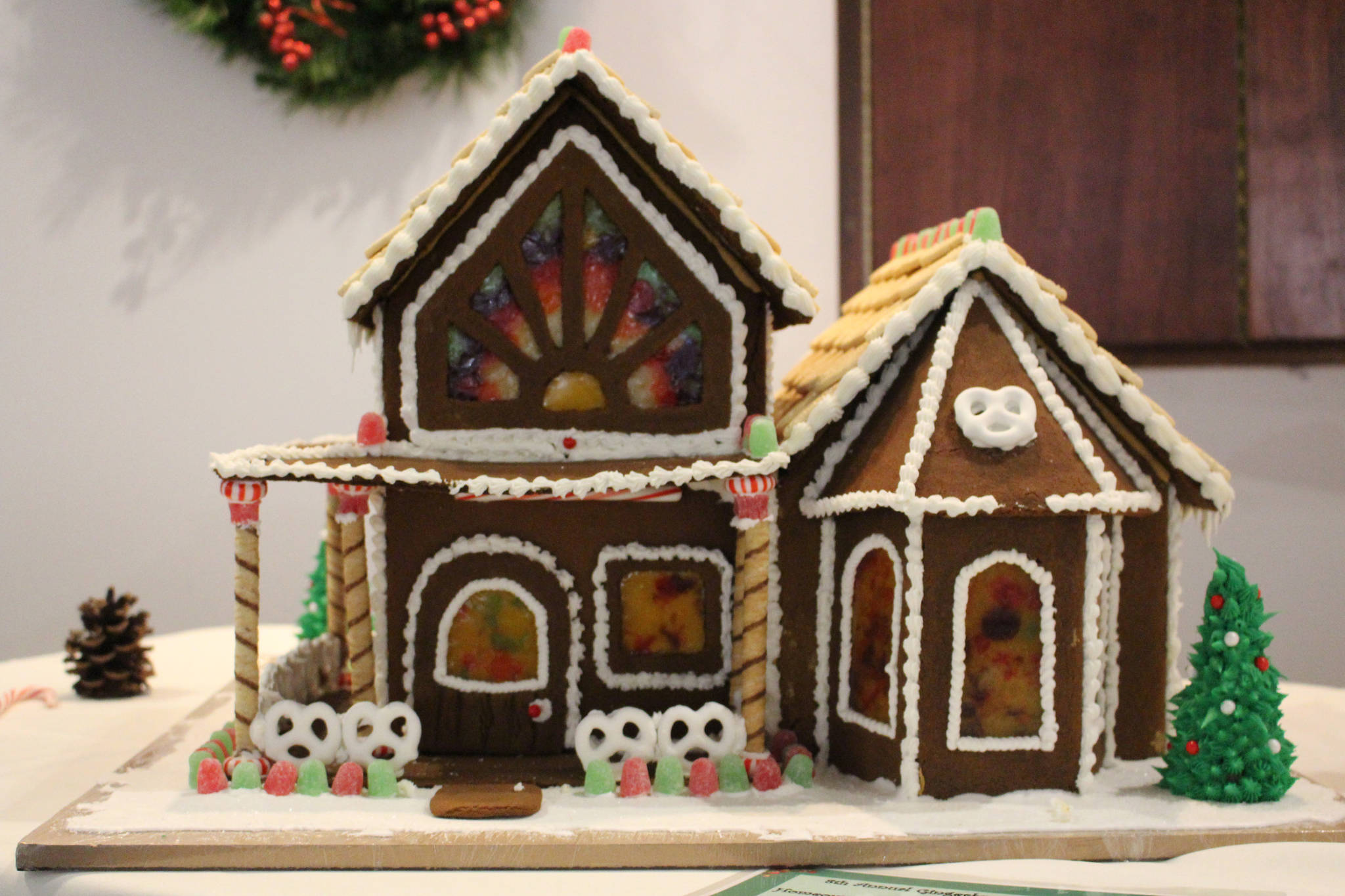 A gingerbread house created by residents of Charis Place Assisted Living is seen on display at the Kenai Visitors and Cultural Center on Dec. 8, 2020. (Photo by Brian Mazurek/Peninsula Clarion)