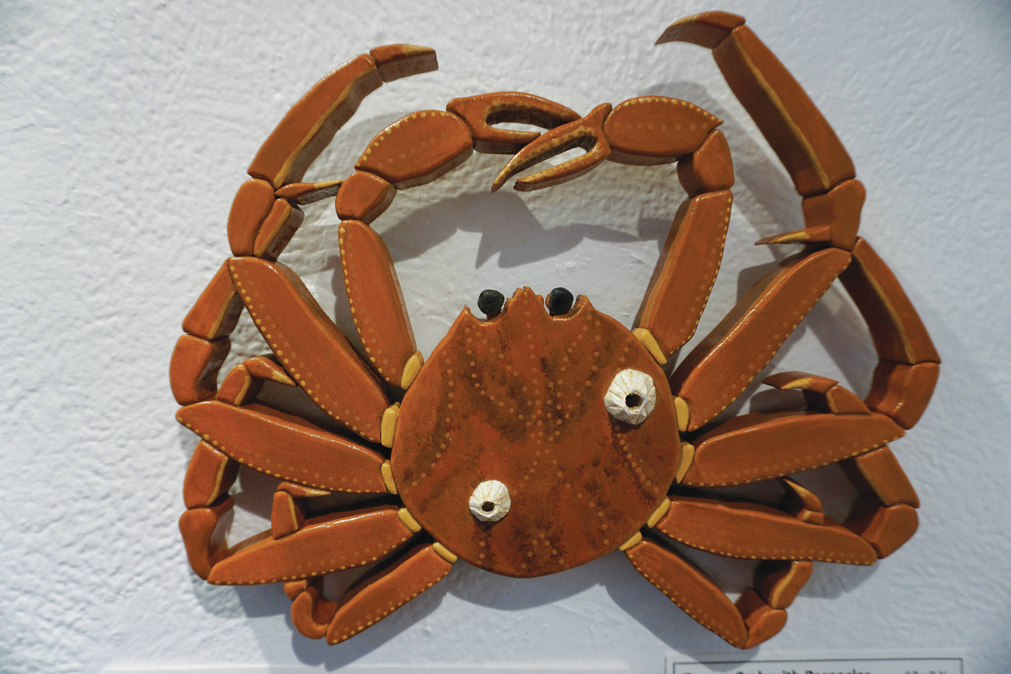 Michael Armstrong / Homer News
“Tanner Crab with Barnacles” is one of the wood sculptural pieces in Kim Schuster’s exhibit, “Science Observed Through Art: Unsung Species,” as seen on Friday at Ptarmigan Arts in Homer.