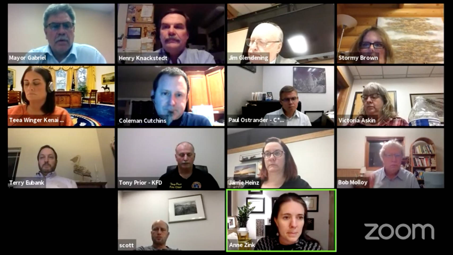 Alaskas Chief Medical Officer Dr. Anne Zink (bottom row, right) briefs the Kenai City Council during a work session on Wednesday, Dec. 9. (Screenshot)