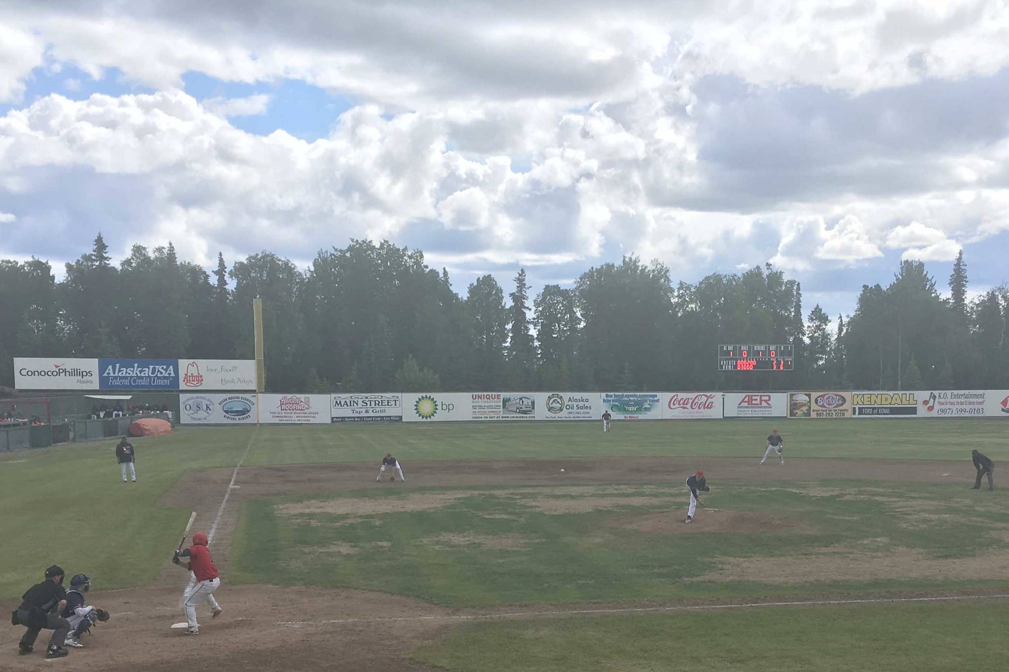 The Peninsula Oilers play the Chugiak-Eagle River Chinooks on Sunday, June 16, 2019, at Coral Seymour Memorial Park in Kenai, Alaska. (Photo by Jeff Helminiak/Peninsula Clarion)