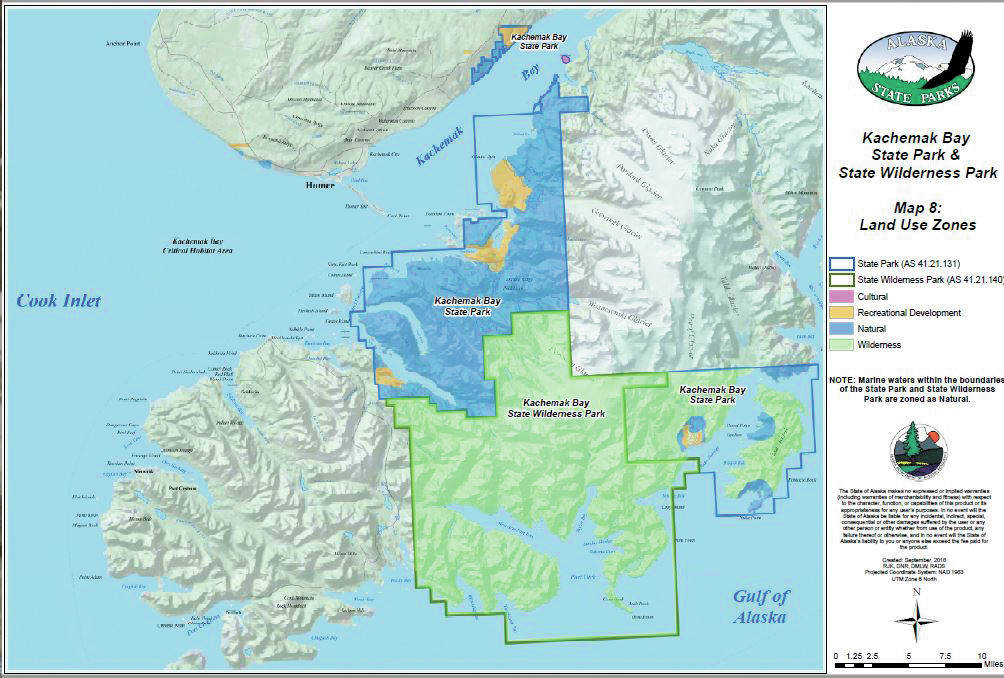 This map from the Kachemak Bay State Park and Kachemak Bay State Wilderness Park Management Plan shows the boundaries of Kachemak Bay State Park and Kachemak Bay State Wilderness Park. (Image courtesy Dan Saddler, Alaska DNR)