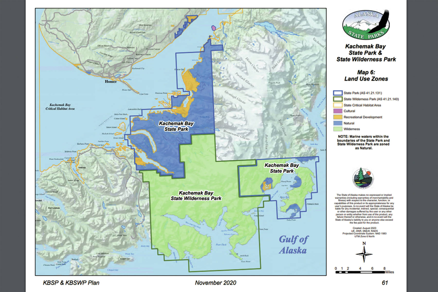 This map shows the boundaries of Kachemak Bay State Park and Kachemak Bay State Wilderness Park. (Image courtesy Alaska Department of Natural Resources, KBSP and KBSWP management plan)