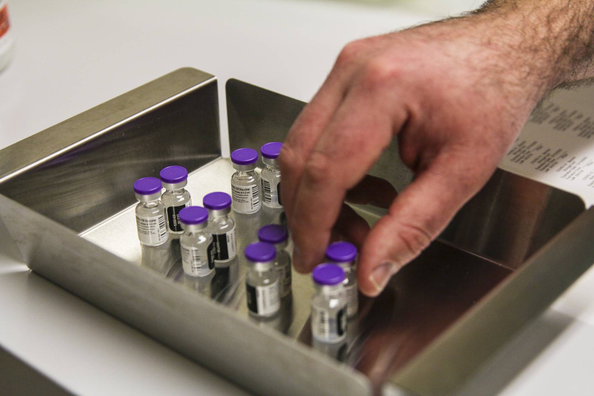 This photo shows vials of COVID-19 vaccine on Dec. 15, 2020. BRH immediately began vaccinating its personnel upon receipt of the vaccine. (Michael S. Lockett / Juneau Empire)