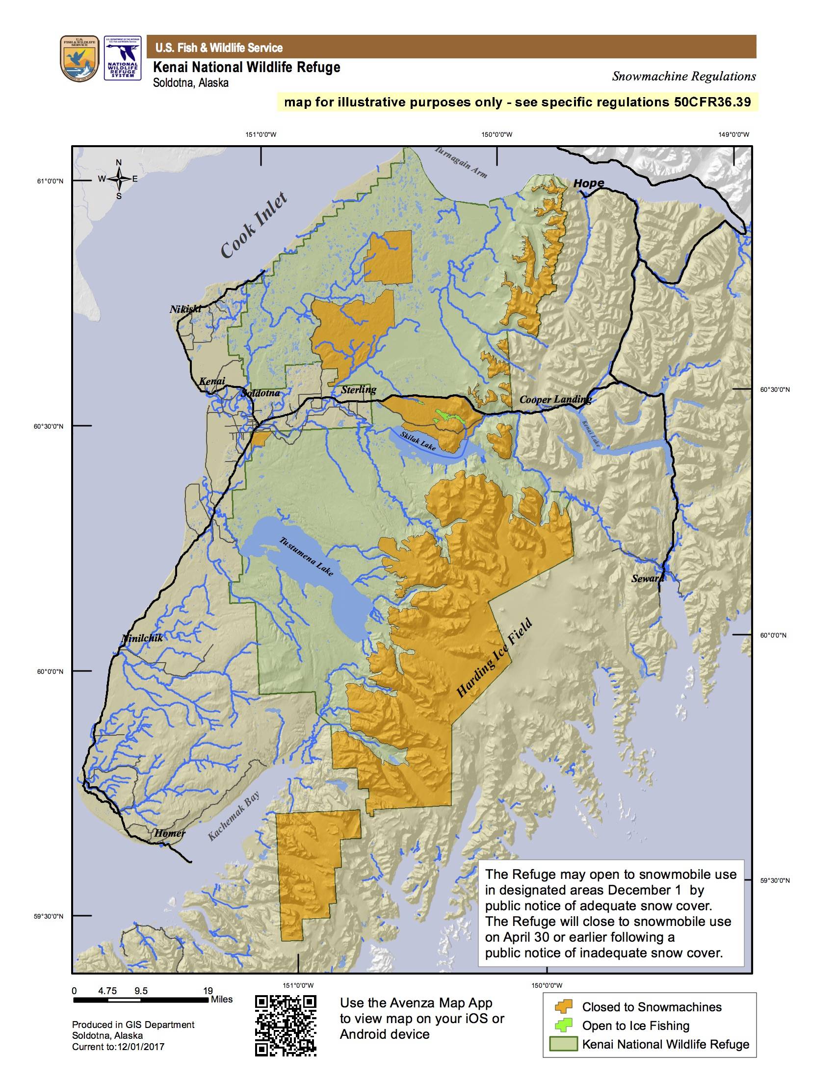 Map showing areas of the refuge open and closed to snowmachine use. (Courtesy of the Kenai National Wildlife Refuge)