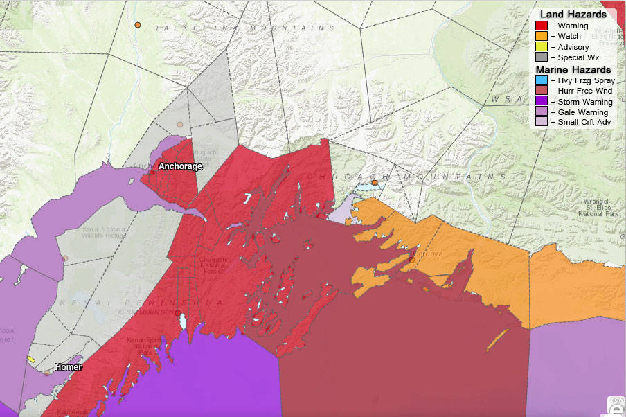 A strong winter storm is expected to impact Seward and Turnagain Arm on Monday and Tuesday. (National Weather Service)