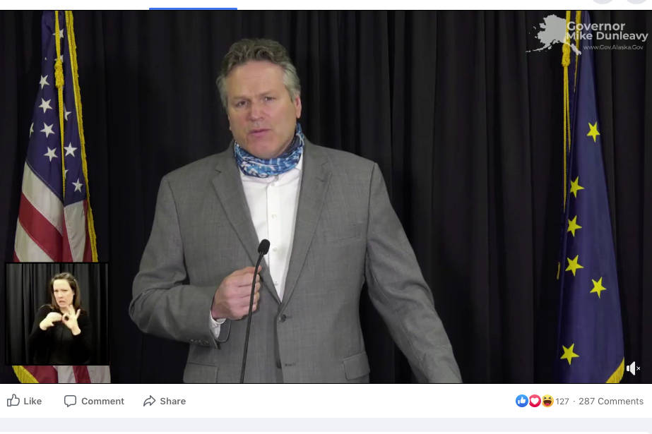 Alaska Gov. Mike Dunleavy participates in a livestream press conference via Facebook regarding the reorganization of the state's Department of Health and Social Services on Tuesday, Dec. 22, 2020. (Screenshot)