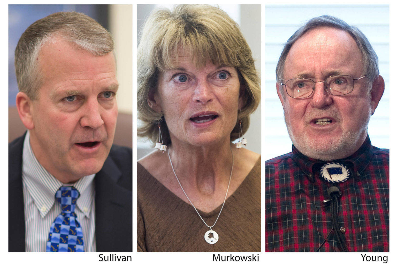 This photo composite shows Alaska’s congressional delegation, from left to right, Sen. Dan Sullivan, Sen. Lisa Murkowski, Rep. Don Young, all Republicans. (Michael Penn / Juneau Empire File)