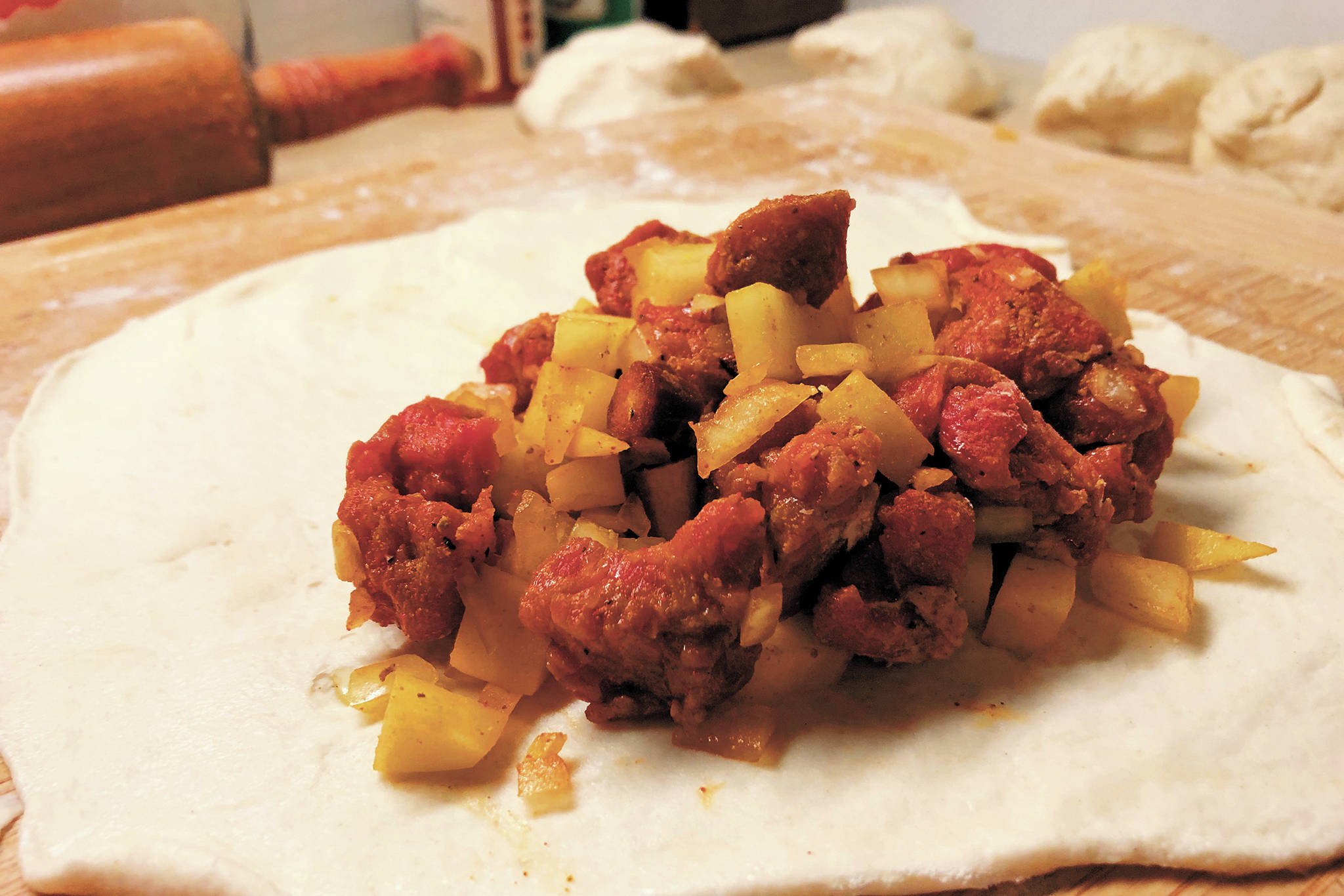 Photo by Megan Pacer/Homer News
Pasty filling of beef, potatoes, onions, carrots and rutabaga wait to be baked on Christmas Day in Crystal Falls, Michigan.