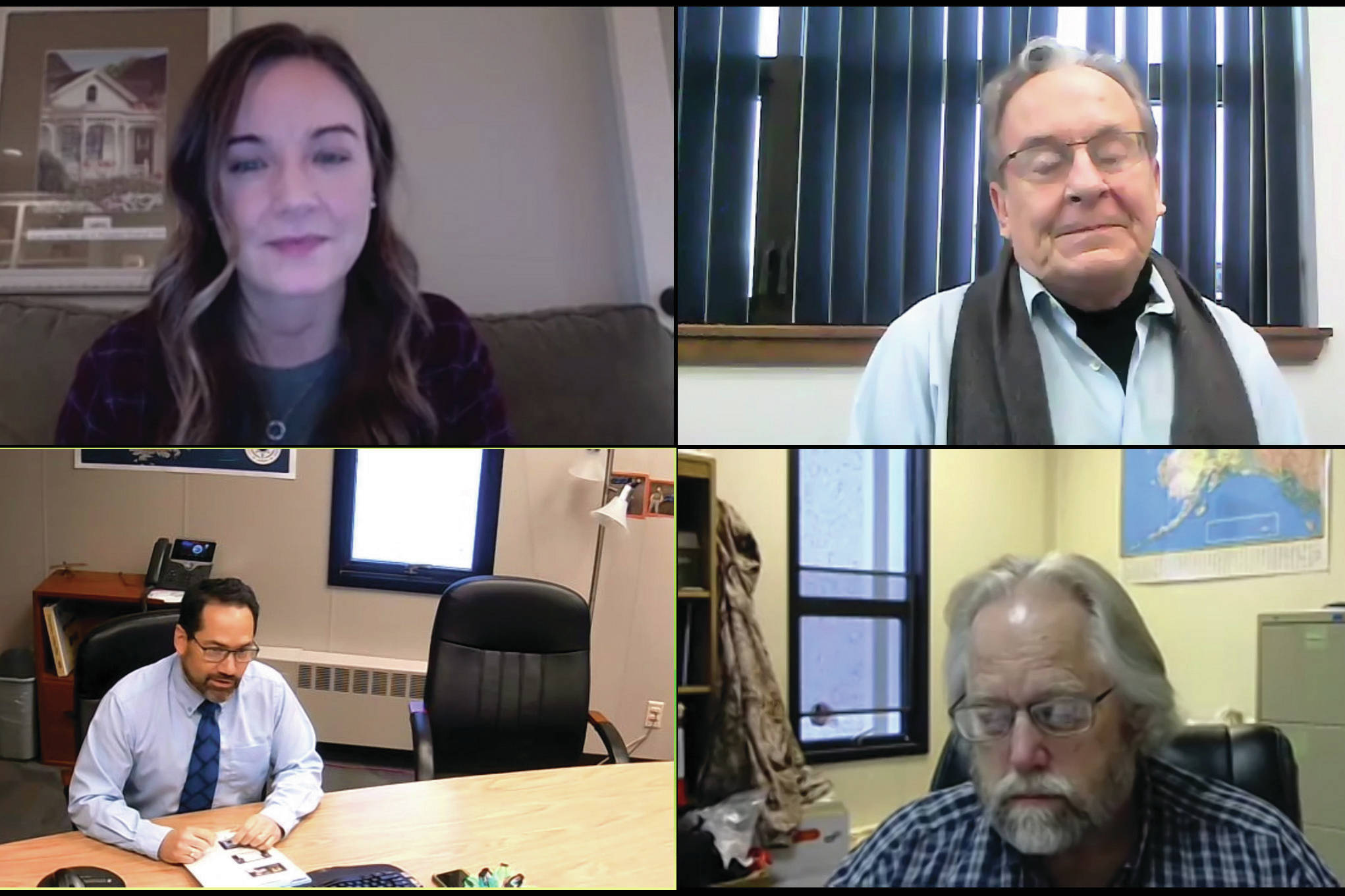 Kenai Peninsula Borough School District Superintendent John O’Brien, bottom left, gives a presentation to members of the Kenai Chamber of Commerce during a virtual luncheon held via Zoom on Wednesday, Dec. 30, 2020. Also pictured: Kenai Chamber Executive Director Brittany Brown, top left, moderator Merrill Sikorski, top right, and KPBSD Assistant Superintendent Dave Jones, bottom right. (Screenshot)