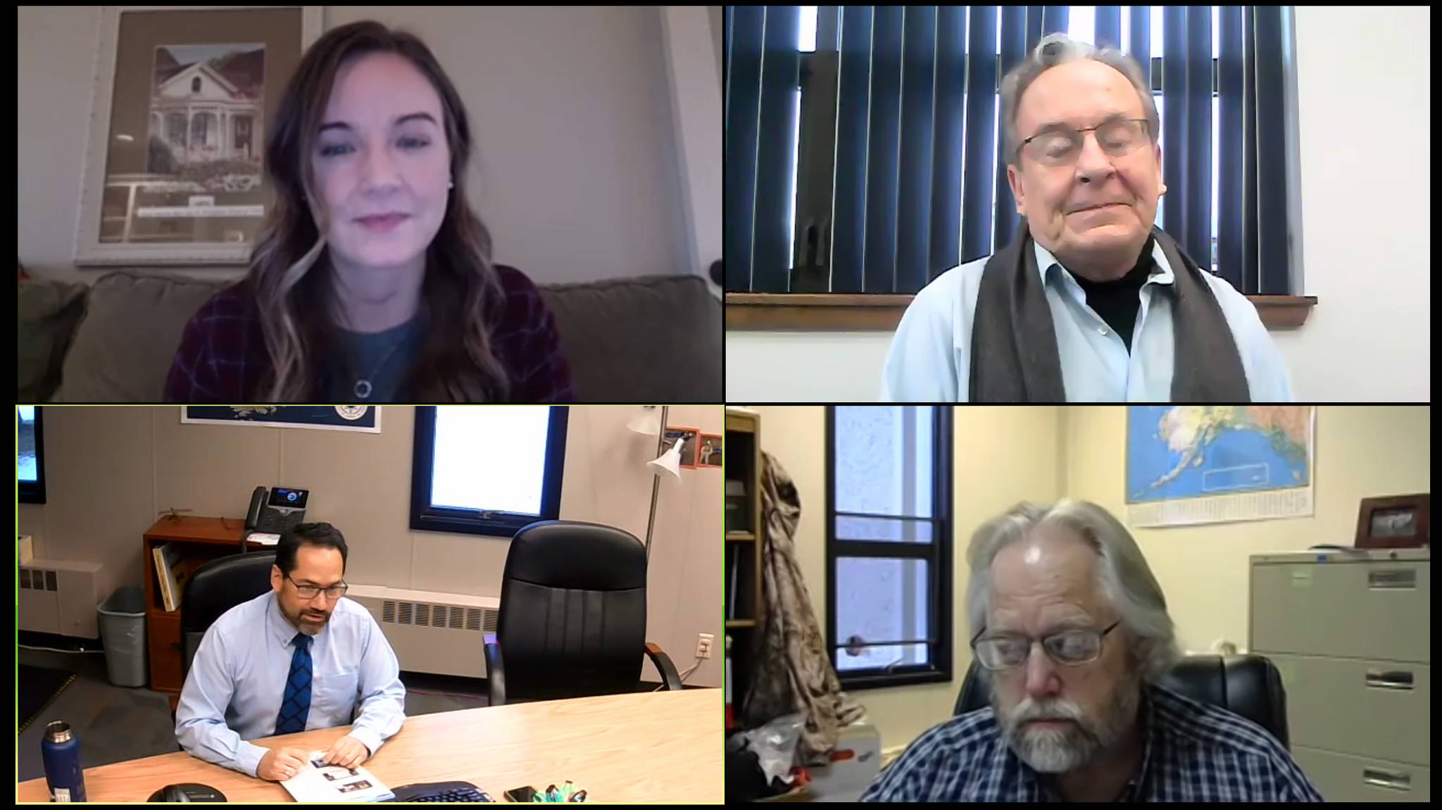 Kenai Peninsula Borough School District Superintendent John O’Brien, bottom left, gives a presentation to members of the Kenai Chamber of Commerce during a virtual luncheon held via Zoom on Wednesday, Dec. 30, 2020. Also pictured: Kenai Chamber Executive Director Brittany Brown, top left, moderator Merrill Sikorski, top right, and KPBSD Assistant Superintendent Dave Jones, bottom right. (Screenshot)