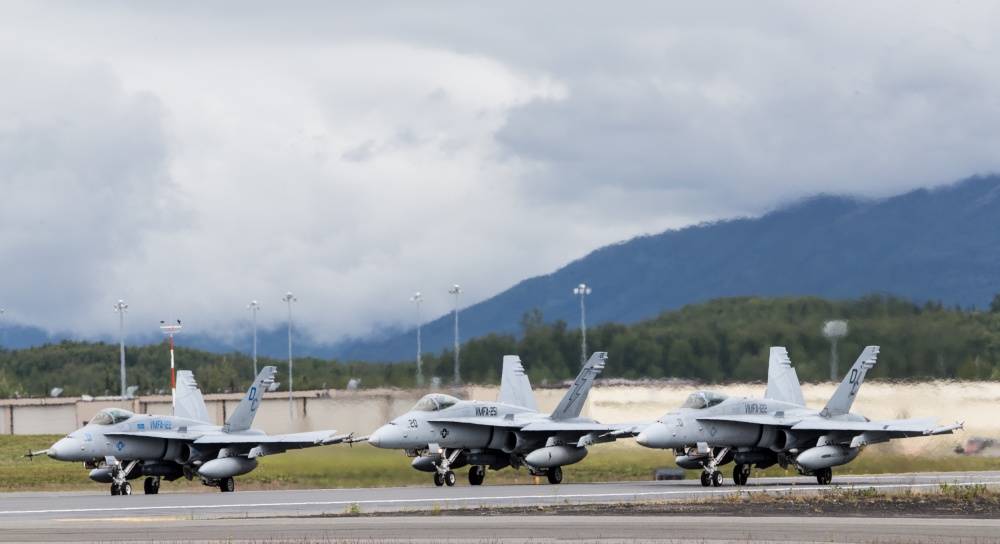 U.S. Marine Corps / Lance Cpl. Koby I. Saunders
U.S. Marine Corps F/A-18C Hornets assigned to Marine Fighter Attack Squadron 251 prepare to take off from the flightline during Red Flag-Alaska 17-2 on Joint Base Elmendorf-Richardson, Alaska, in June 2017.