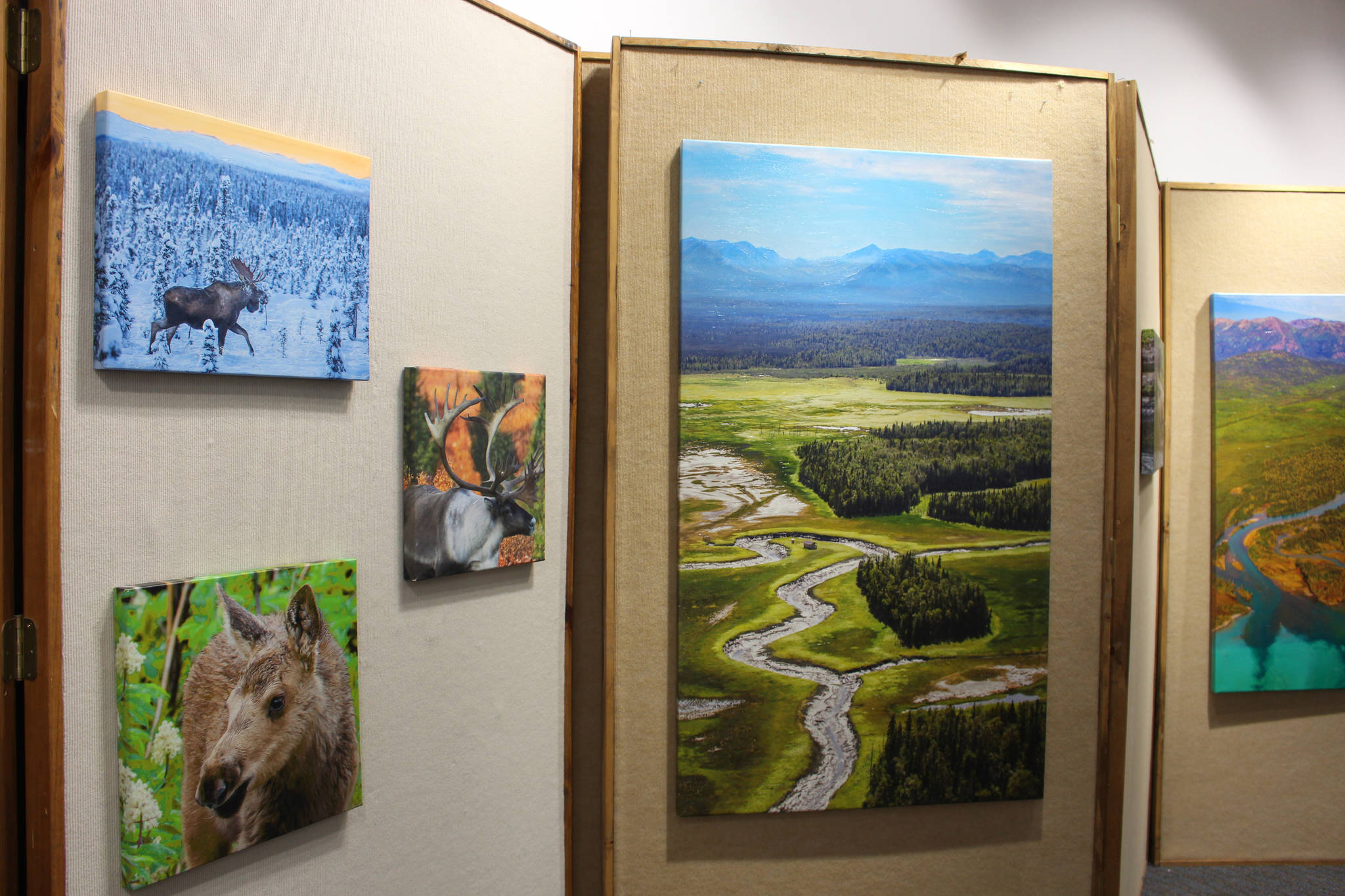 Photos by Brian Mazurek / Peninsula Clarion 
Photographs on canvas by Mary Frische and Tom Collopy are seen at the Kenai Visitor and Cultural Center on Tuesday.