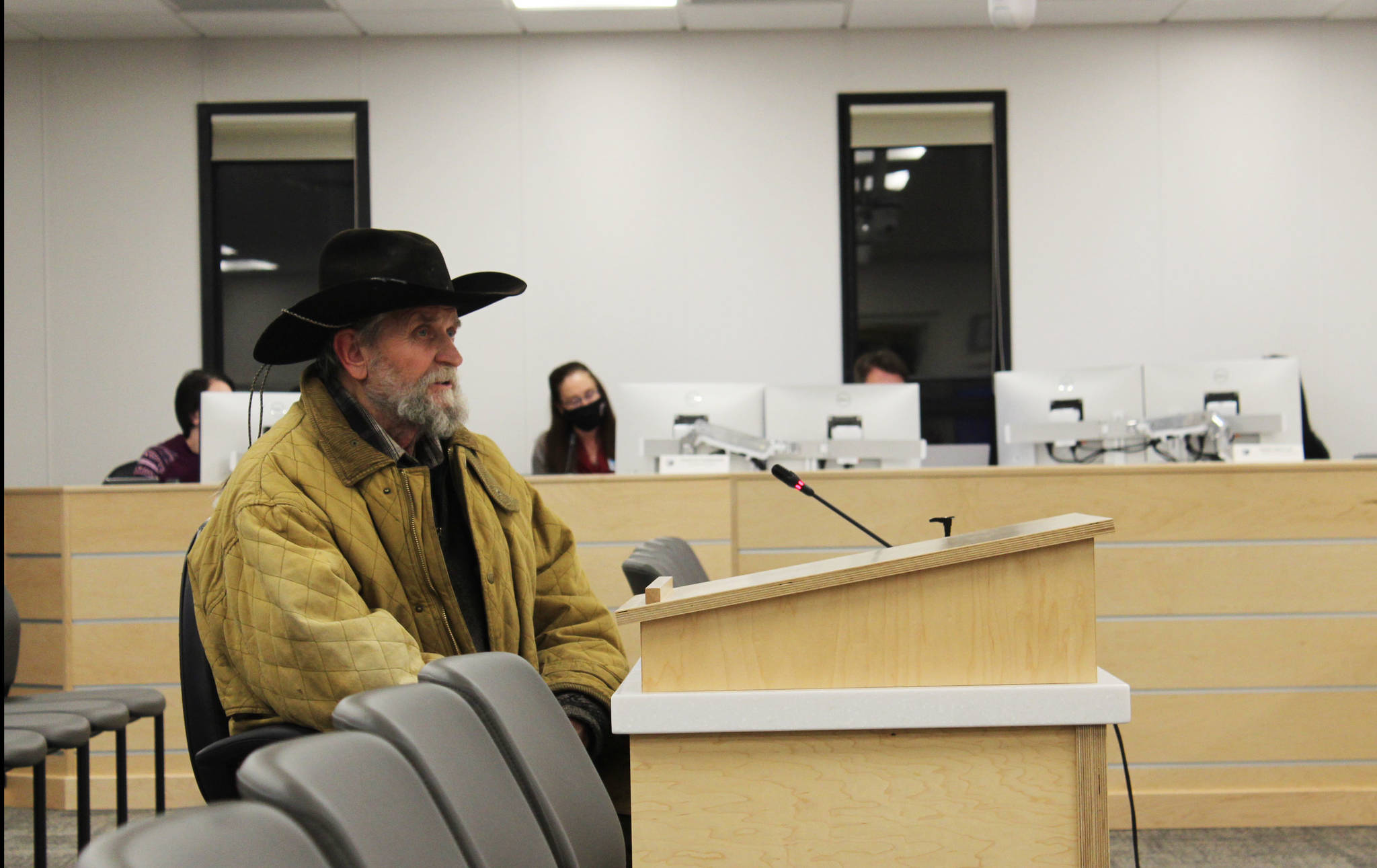 Robert Gibson testifies before the Kenai Peninsula Borough Assembly on Tuesday, Jan. 5 in Soldotna, Alaska. (Ashlyn O’Hara/Peninsula Clarion)
