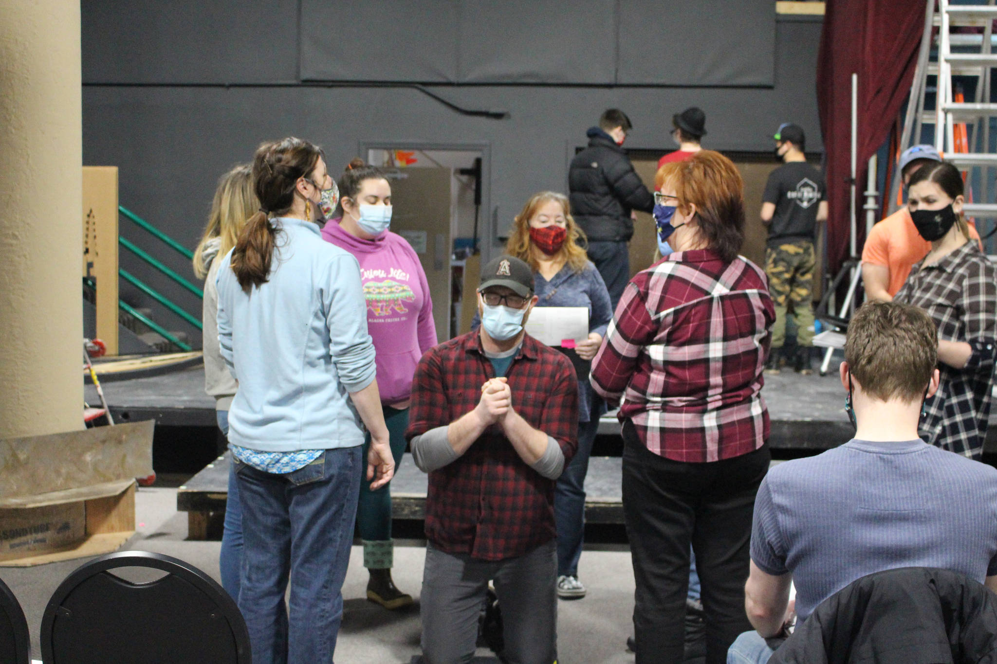Members of the Kenai Performers rehearse a scene from “Murder in the Cathedral” at the Kenai Performers black box theater in Soldotna, Alaska, on Jan. 16, 2021. (Photo by Brian Mazurek/Peninsula Clarion)