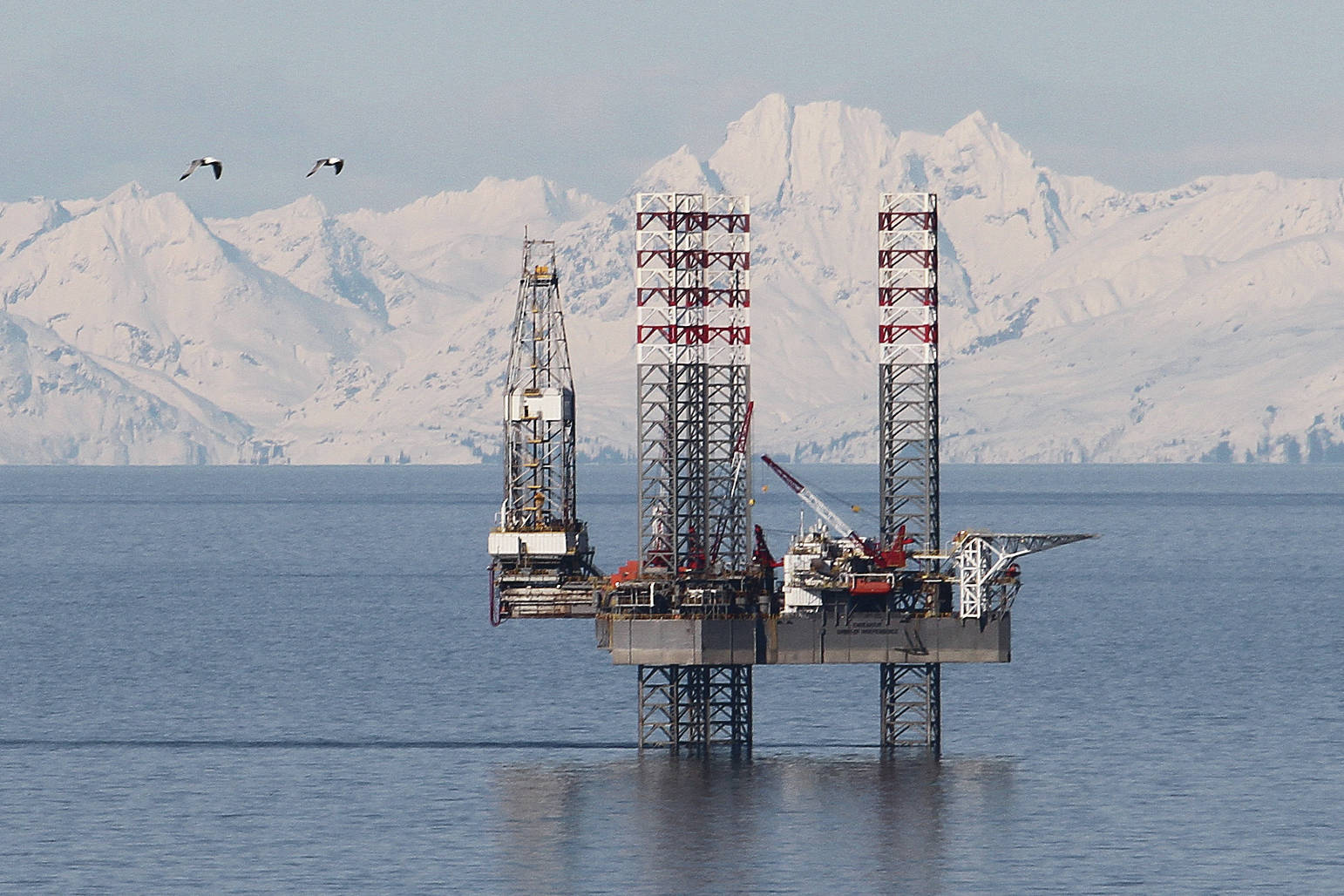 The Endeavour-Spirit of Independence jack up rig, is seen here in early April, 2013, at the Cosmopolitan site in lower Cook Inlet near Anchor Point, Alaska. (Photo by Brian Smith/Peninsula Clarion)